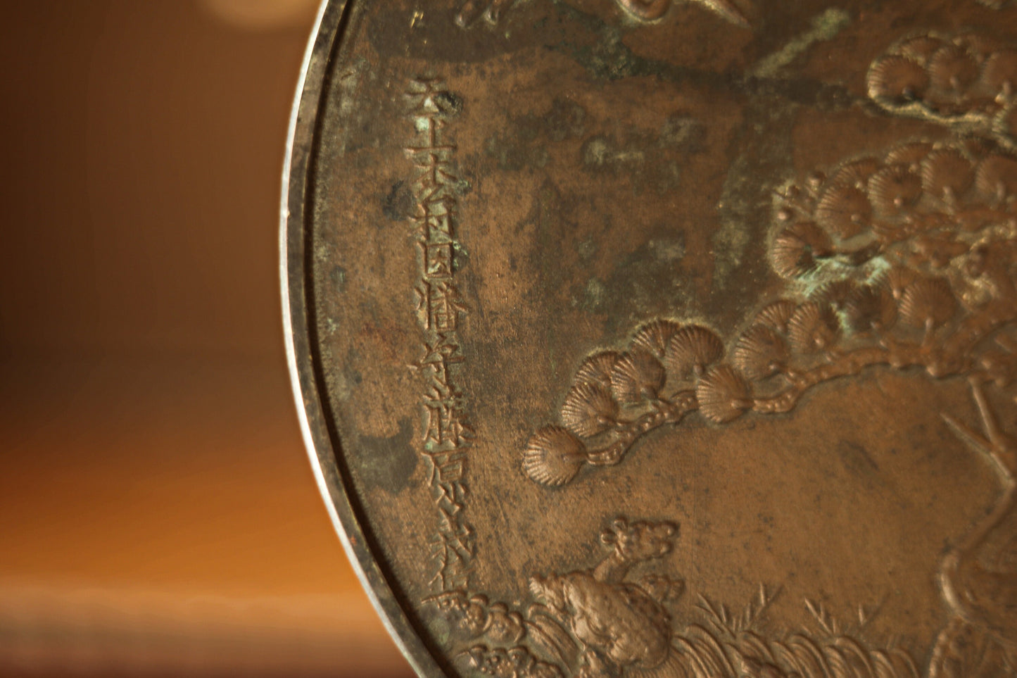 Japanese antique bronze mirror Kagami with relief of cranes pine with wooden case traditional Japan Geisha accessory SAMURAI1800sH13.2×9.3in