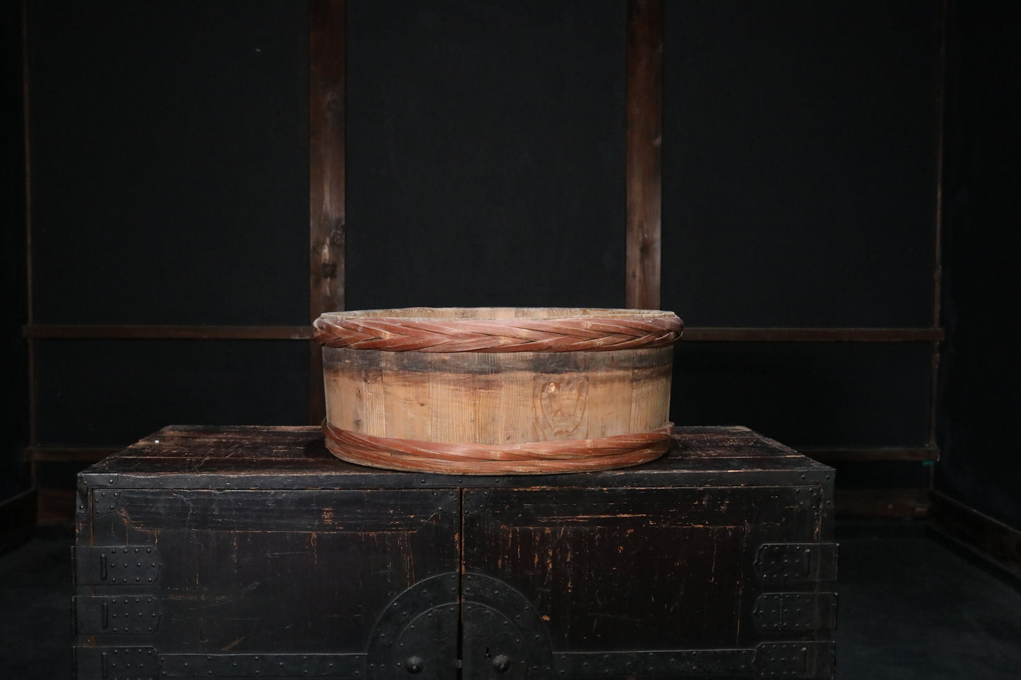 Japanese antique 1950s wooden tub large storage "OKE/bucket" with bamboo belt, MINGEI, farm appliance, H7.9×20.9in/H20×53cm