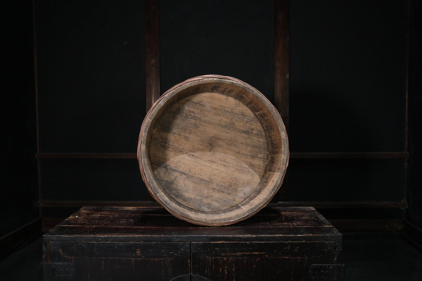 Japanese antique 1950s wooden tub large storage "OKE/bucket" with bamboo belt, MINGEI, farm appliance, H7.9×20.9in/H20×53cm