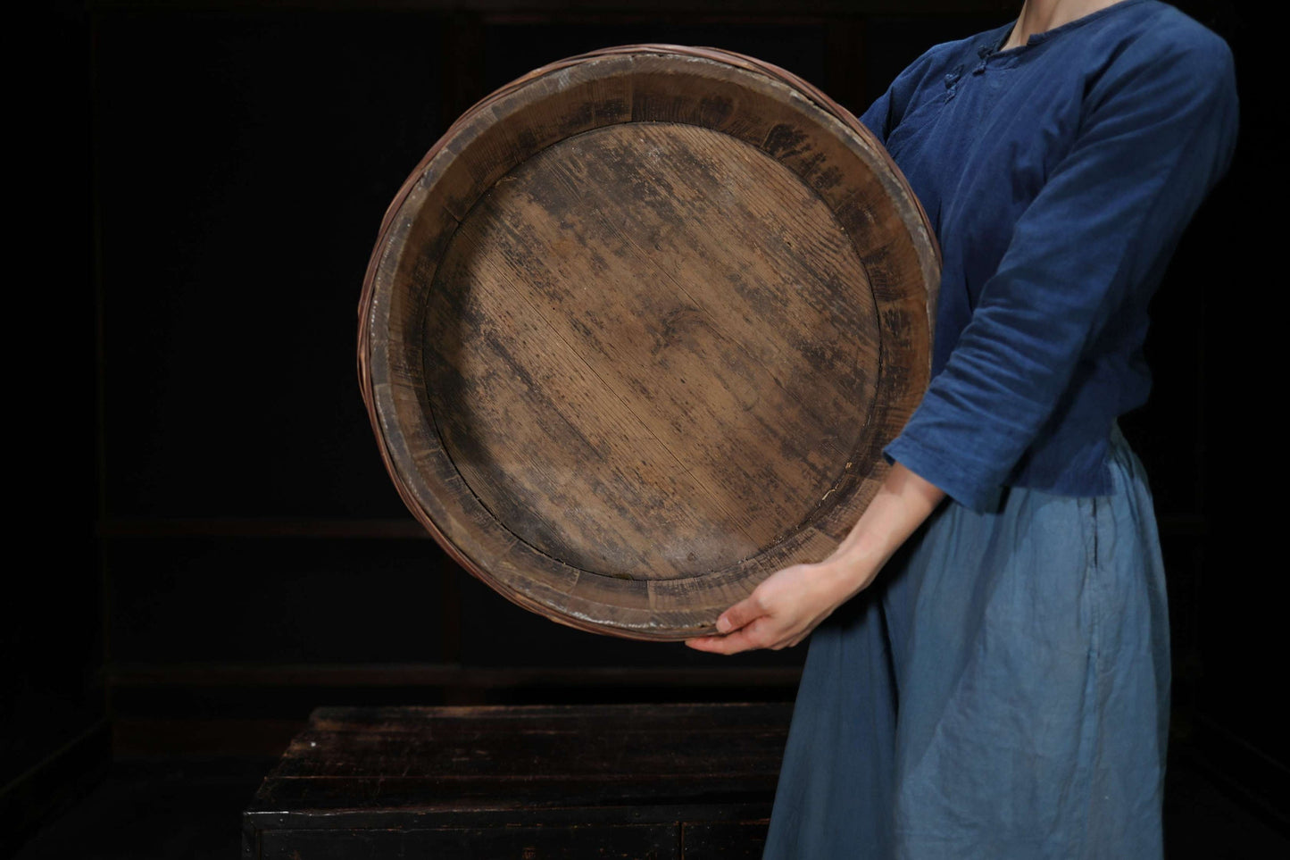 Japanese antique 1950s wooden tub large storage "OKE/bucket" with bamboo belt, MINGEI, farm appliance, H7.9×20.9in/H20×53cm