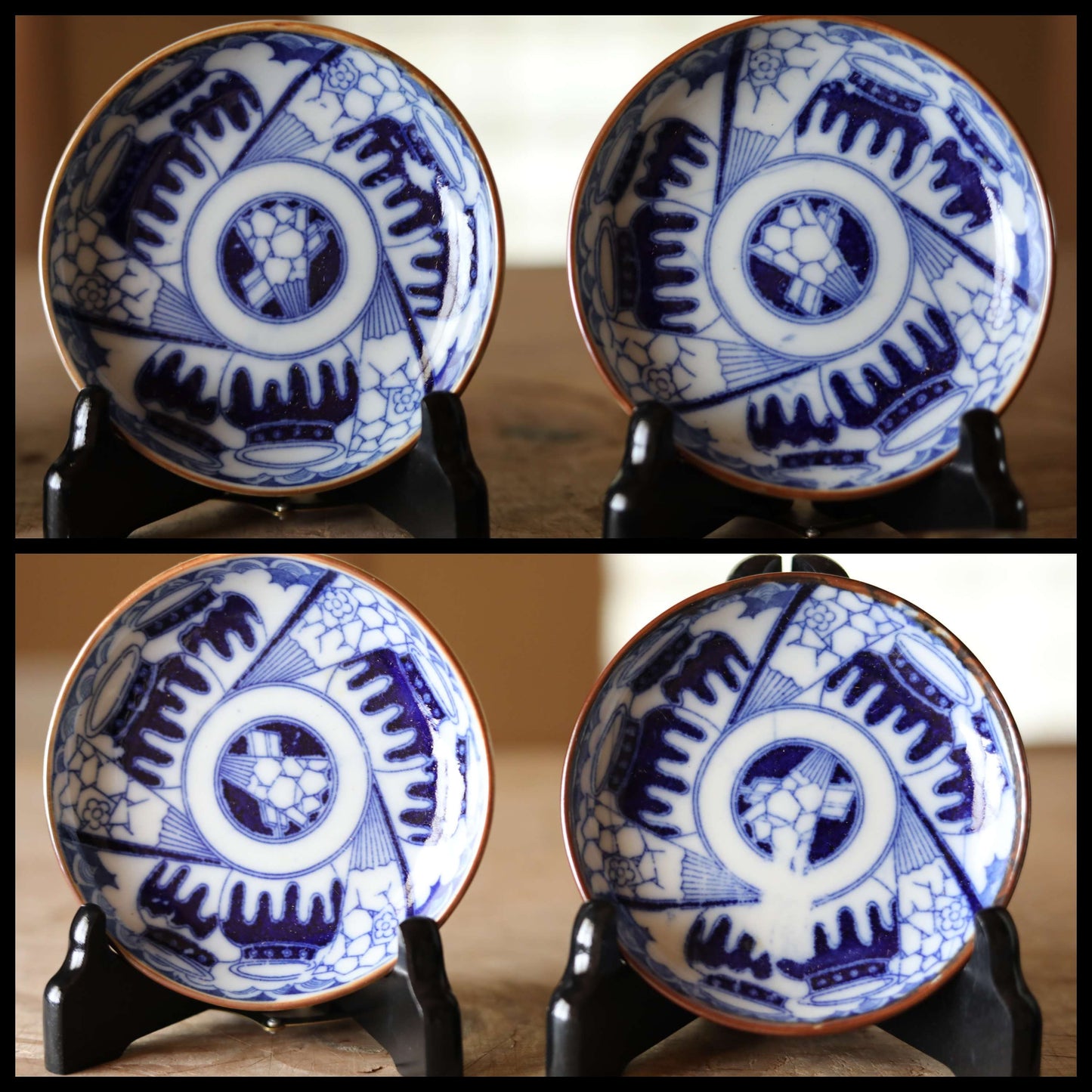 Set of 7 plates Japanese vintage 1920s fine porcelain ceramic small dish Blue White pattern printing INBAN with Jar design 4.4in/11.3cm