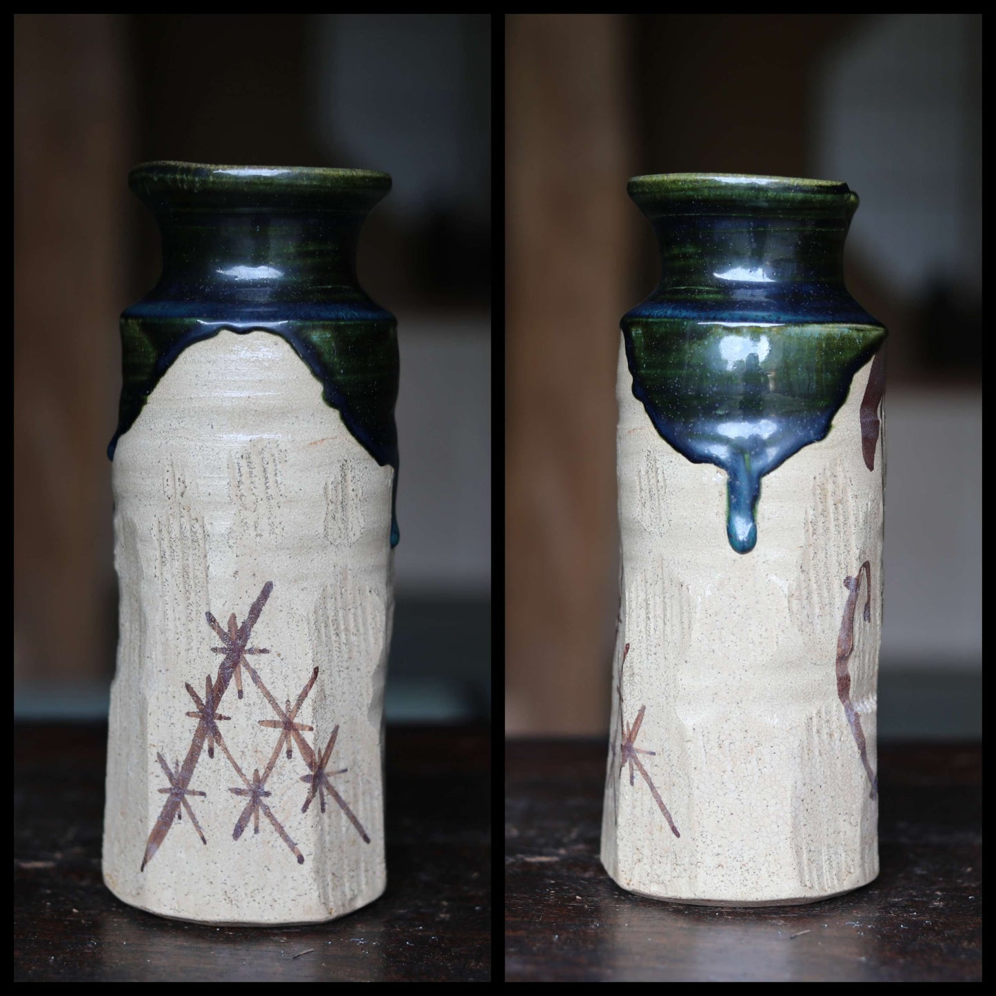 Japanese vintage ceramic flower vase jar hand made ORIBE ware dark green color IKEBANA with box For GIFT H9.3×3.5in/H23.5×9cm