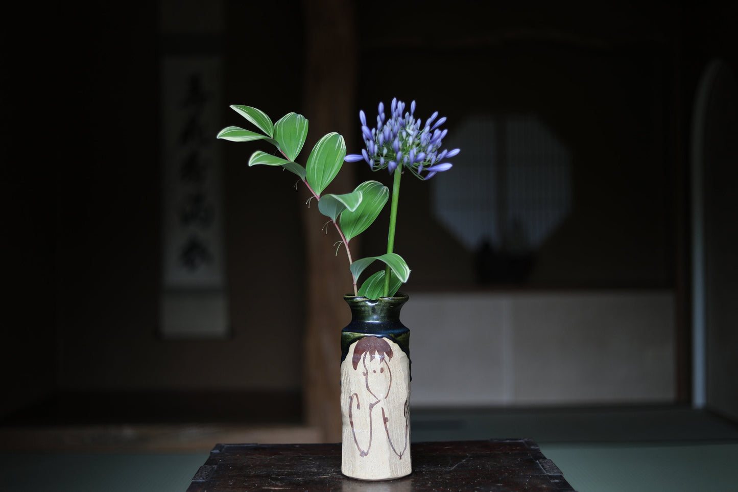 Japanese vintage ceramic flower vase jar hand made ORIBE ware dark green color IKEBANA with box For GIFT H9.3×3.5in/H23.5×9cm