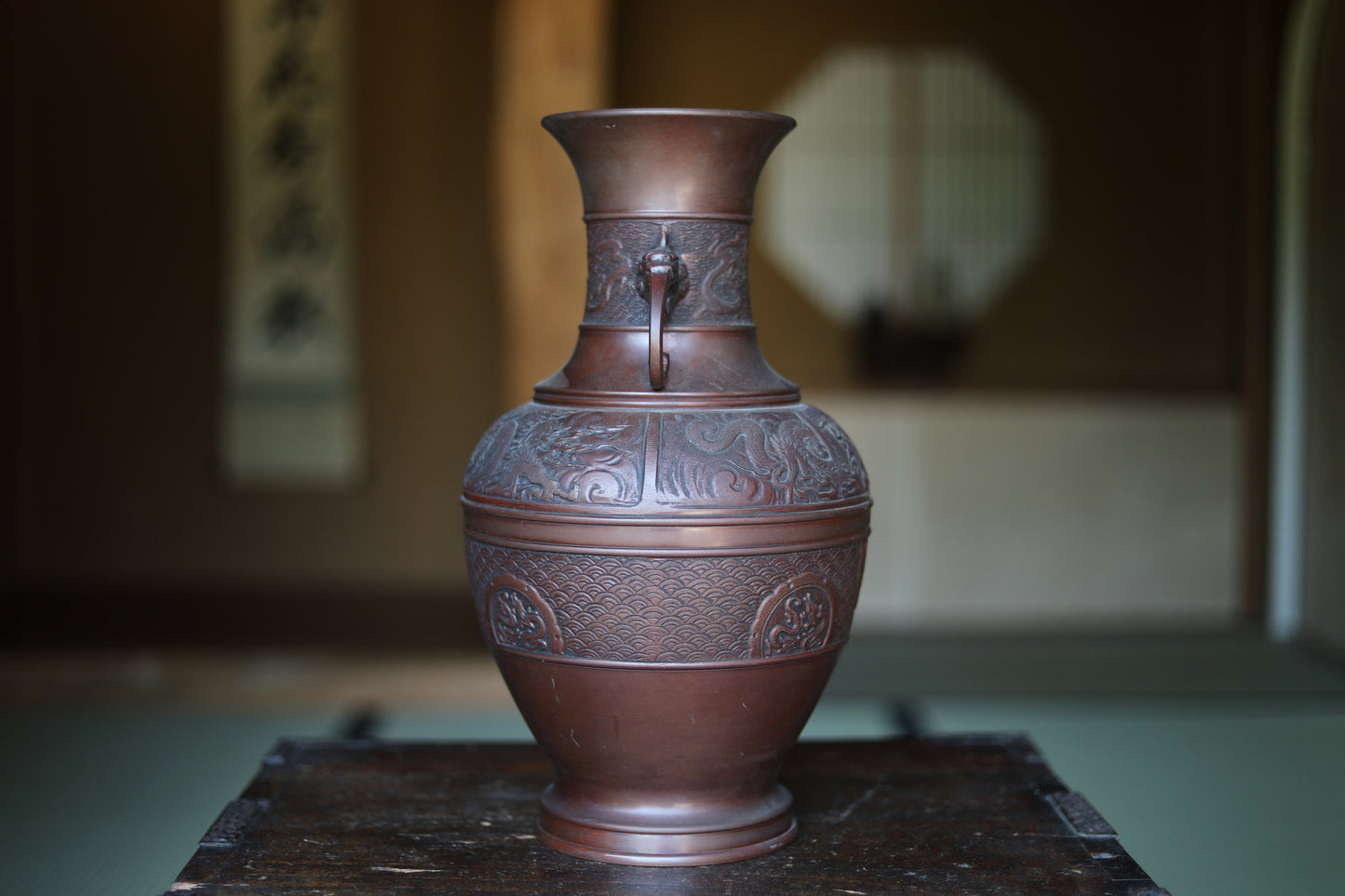 Japanese vintage 1950s bronze vase with relieves of dragons and phoenix, lions handle, Takaoka bronze,Kanji signature H15.4xW7.9in/H39×20cm
