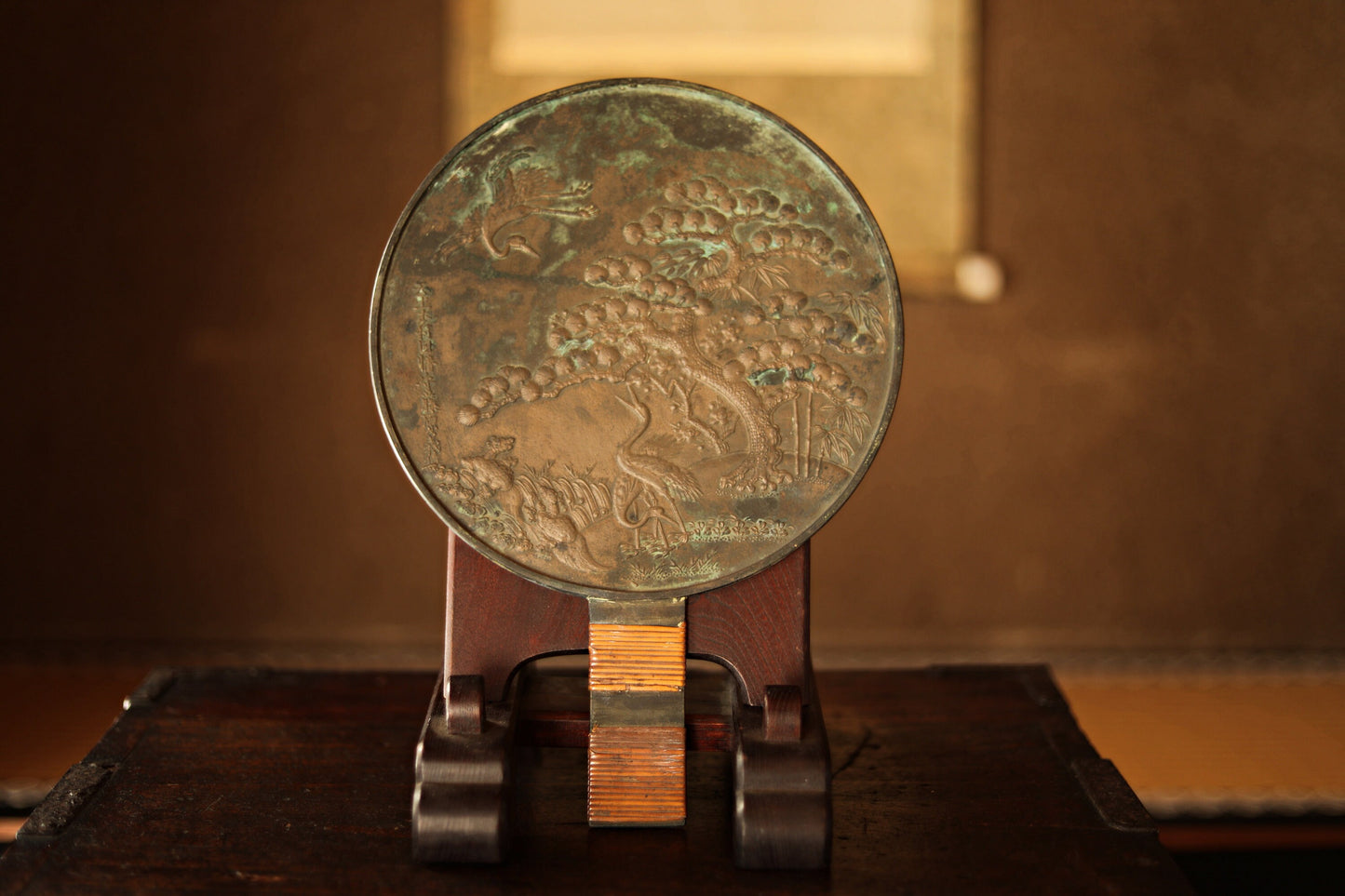 Japanese antique bronze mirror Kagami with relief of cranes pine with wooden case traditional Japan Geisha accessory SAMURAI1800sH13.2×9.3in