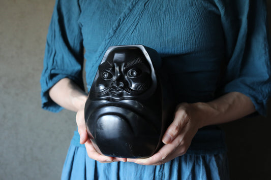 Japanese vintage stone doll Figurine of traditional Japanese character DARUMA 那智黒Nachiguro black stone H7.3×5.5in/H18.5×14cm