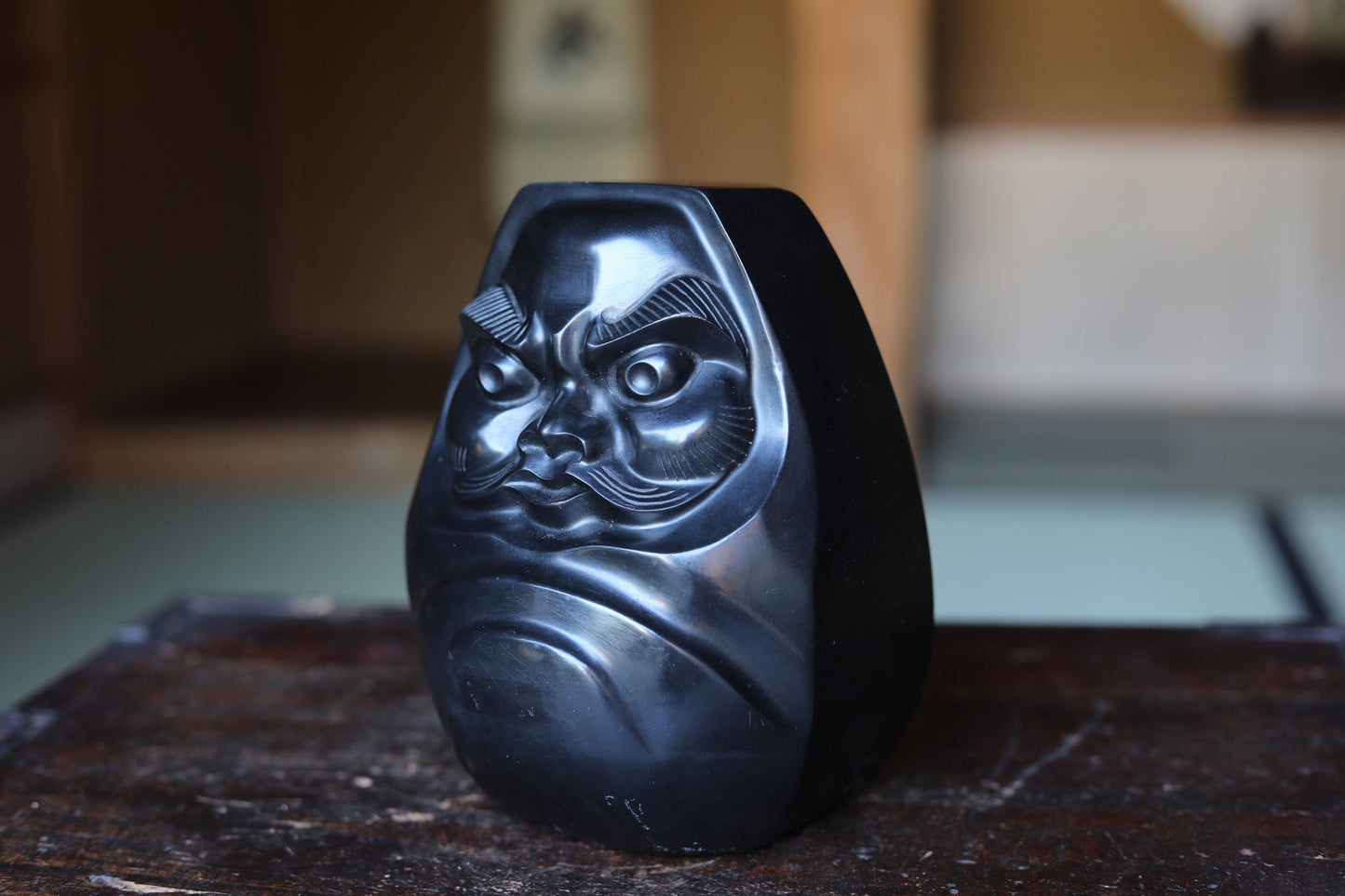 Japanese vintage stone doll Figurine of traditional Japanese character DARUMA 那智黒Nachiguro black stone H7.3×5.5in/H18.5×14cm