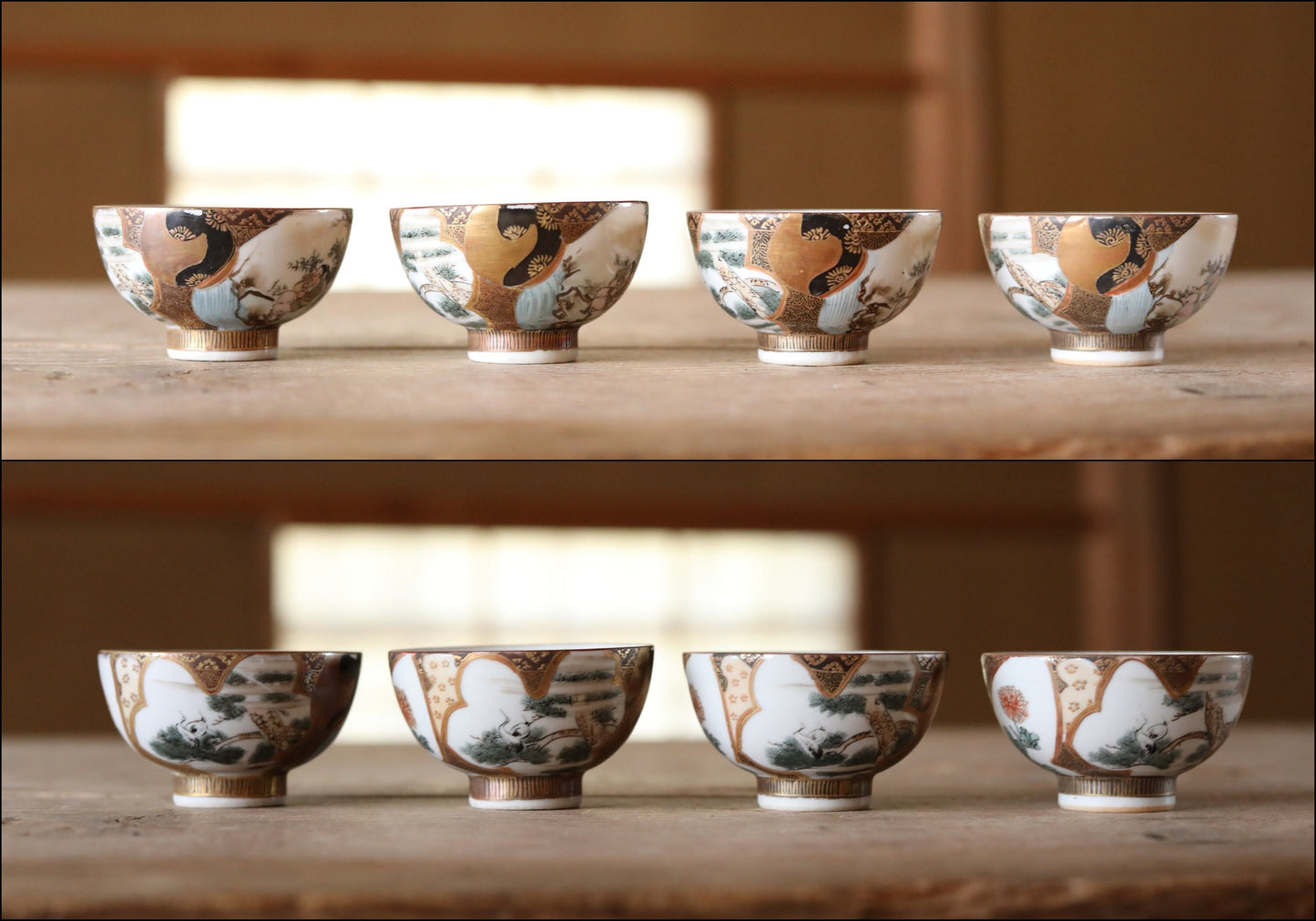 Set of 4 Japanese Antique 1910s green tea cups porcelain craft old 九谷KUTANI gold hand painting crane flower handcraft /sake cups /For GIFT