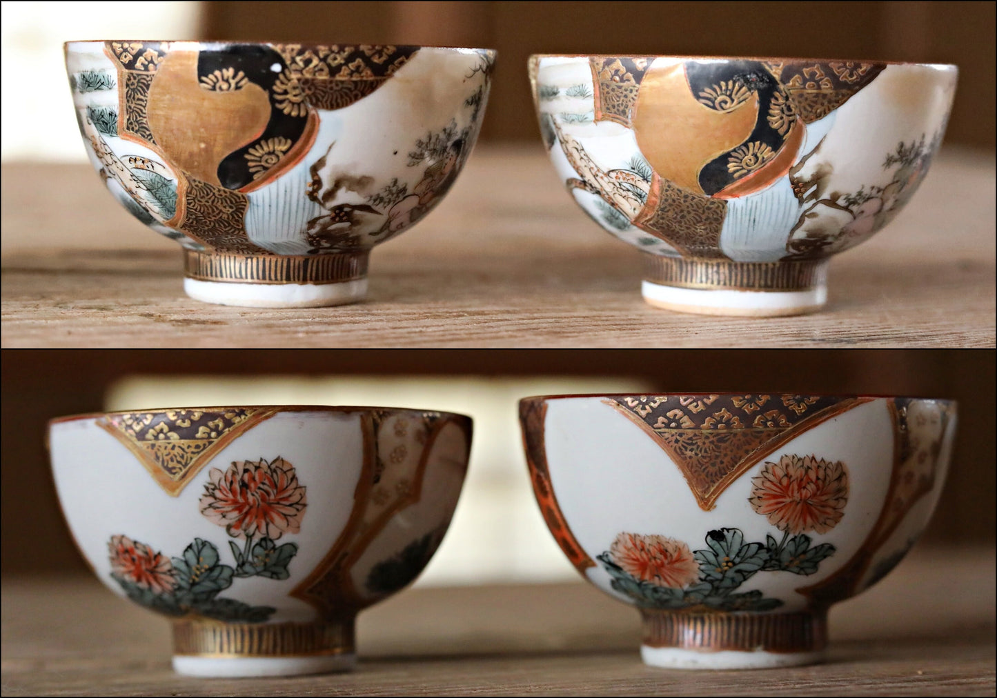Set of 4 Japanese Antique 1910s green tea cups porcelain craft old 九谷KUTANI gold hand painting crane flower handcraft /sake cups /For GIFT