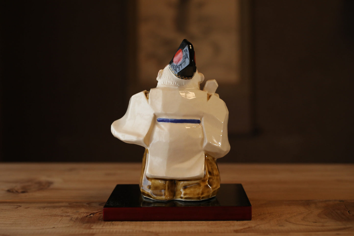 Japanese vintage 1960s pottery Monkey Shrine Dancing doll statue with Kanji signature, animal ornament hand craft For GIFT H6.1in/H15.5cm
