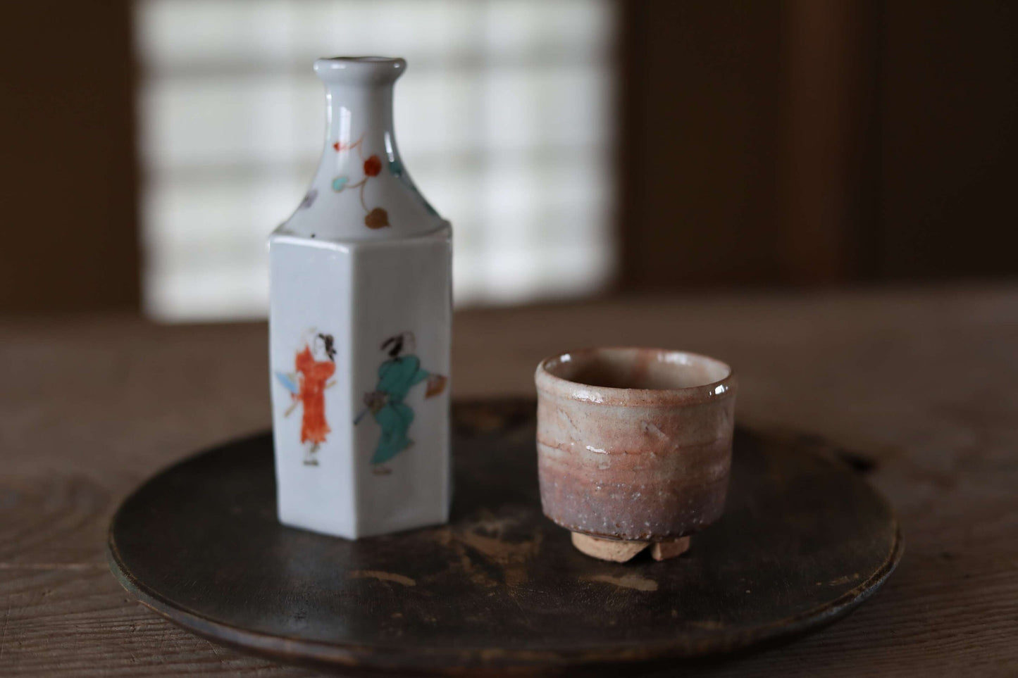 Japanese vintage sake cup HAGI ware ceramic kiln with wooden box tableware For GIFT/ GUINOMI Pale orange-pink gradation