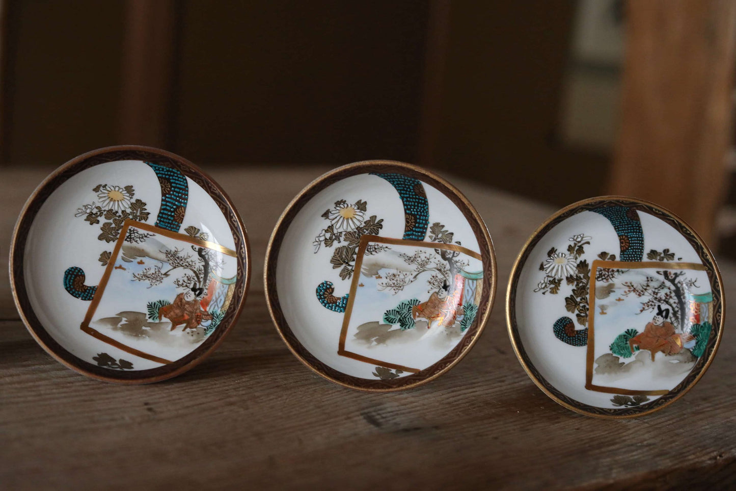 Japanese antique plates set of Five old Kutani ware porcelain small dishes, beautiful flowers pattern tableware with wooden box 3.7in/9.5cm