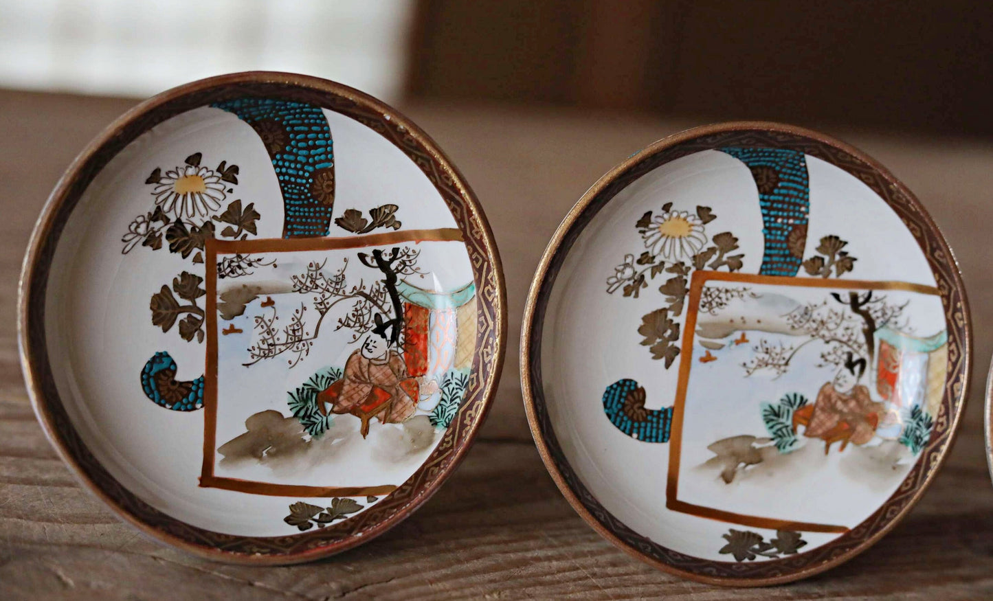 Japanese antique plates set of Five old Kutani ware porcelain small dishes, beautiful flowers pattern tableware with wooden box 3.7in/9.5cm