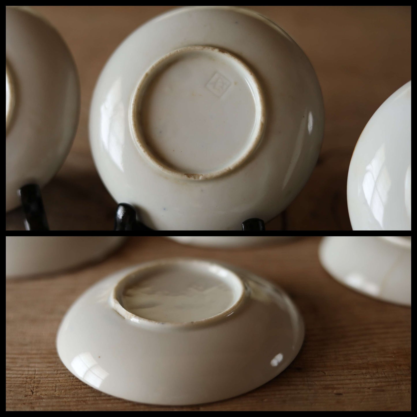 Set of 7 plates Japanese vintage 1920s fine porcelain ceramic small dish Blue White pattern printing INBAN with Jar design 4.4in/11.3cm