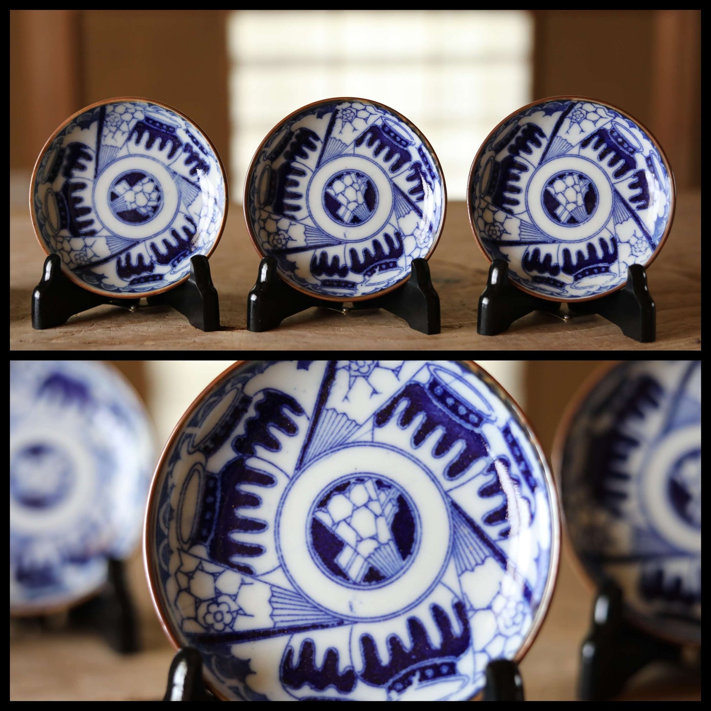 Set of 7 plates Japanese vintage 1920s fine porcelain ceramic small dish Blue White pattern printing INBAN with Jar design 4.4in/11.3cm