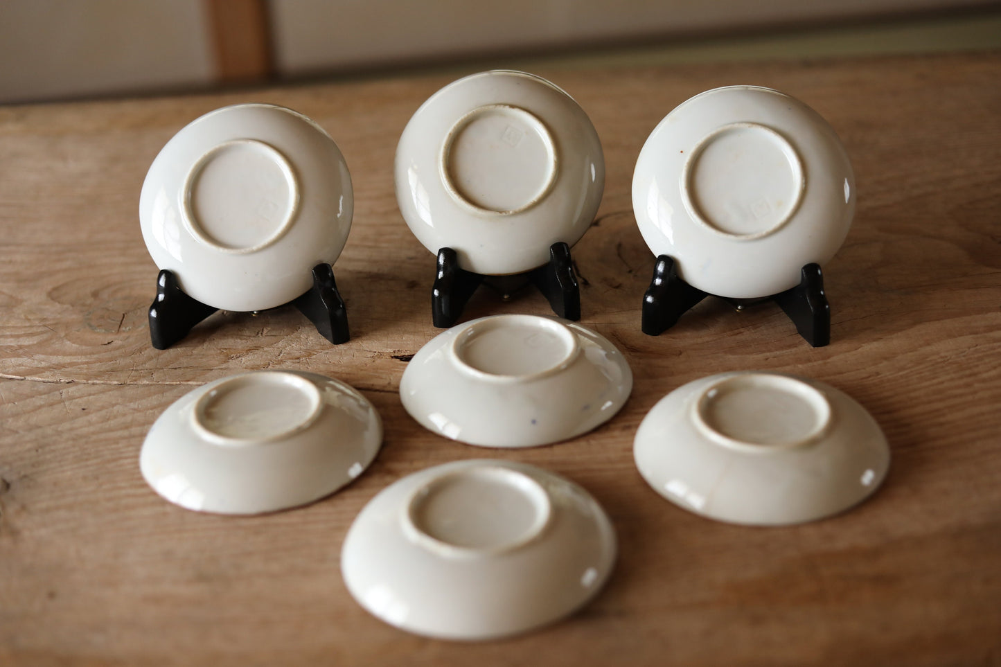 Set of 7 plates Japanese vintage 1920s fine porcelain ceramic small dish Blue White pattern printing INBAN with Jar design 4.4in/11.3cm