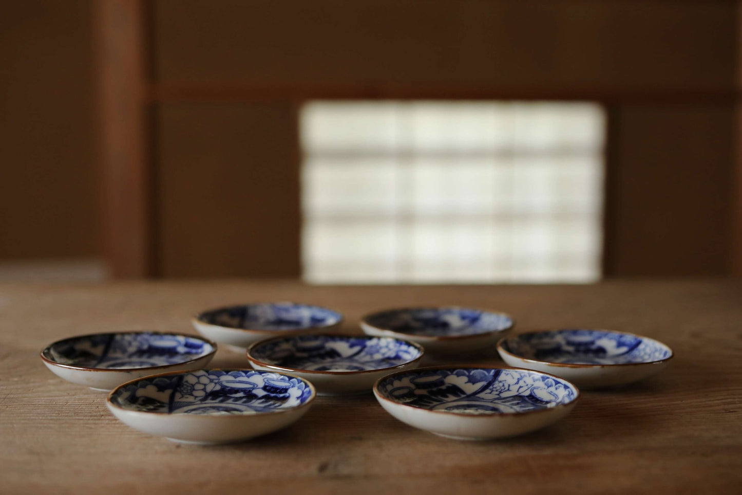 Set of 7 plates Japanese vintage 1920s fine porcelain ceramic small dish Blue White pattern printing INBAN with Jar design 4.4in/11.3cm