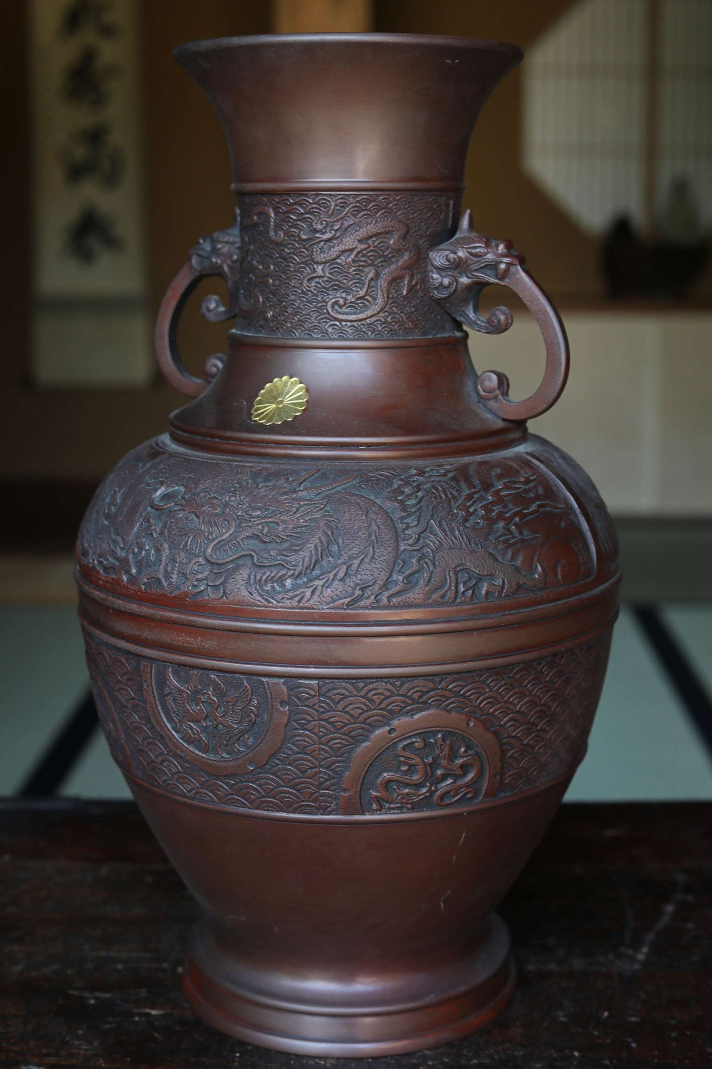 Japanese vintage 1950s bronze vase with relieves of dragons and phoenix, lions handle, Takaoka bronze,Kanji signature H15.4xW7.9in/H39×20cm