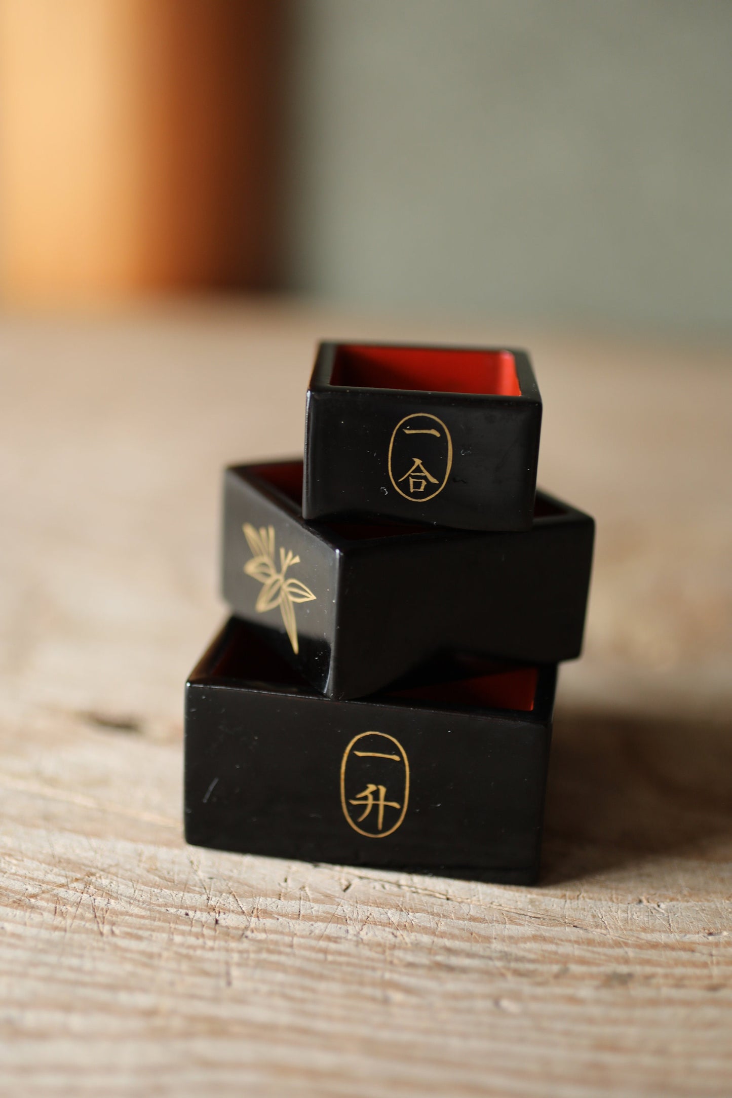 Japanese vintage miniature urushi makie gold sake cups set of 3 wooden cup "升Masu" (rise)  with "kanji" black red H1.3×2.5in/H3.2×6.3cm