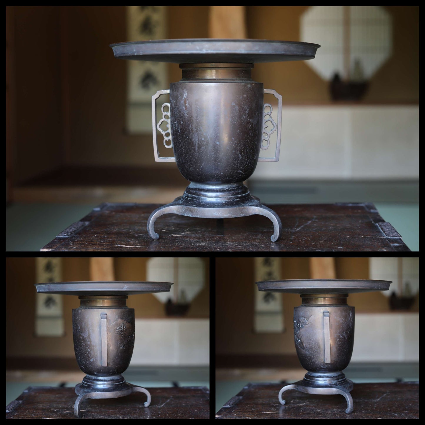 Japanese vintage bronze flower vase Japanese furniture in traditional temple style Japanese garden design with Kanji sign H10.6in/H27cm