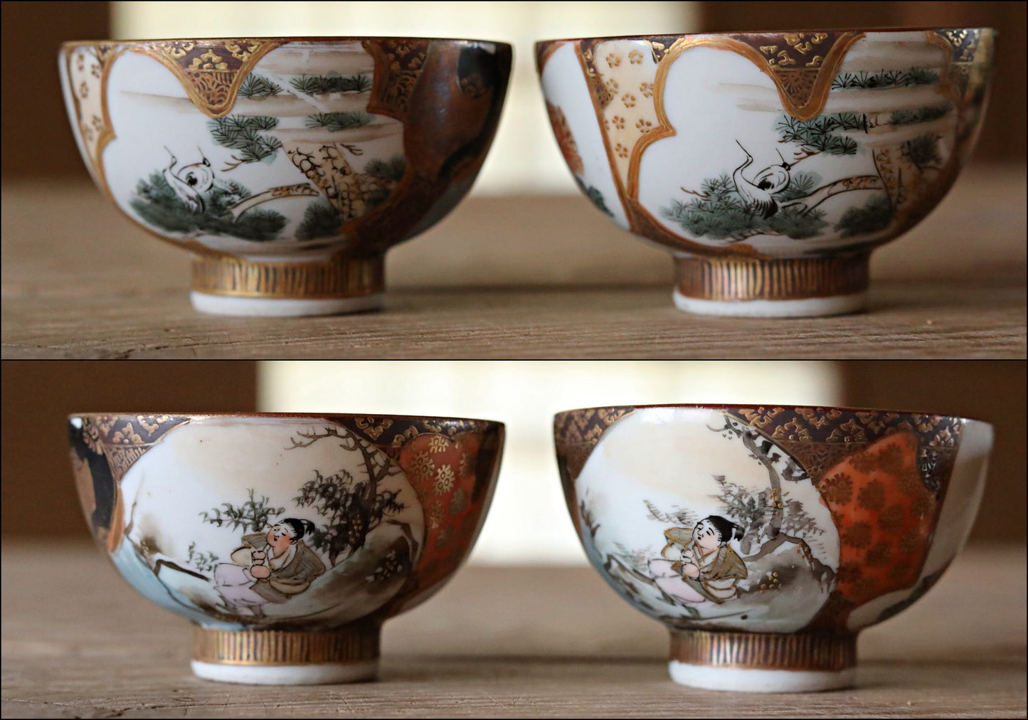 Set of 4 Japanese Antique 1910s green tea cups porcelain craft old 九谷KUTANI gold hand painting crane flower handcraft /sake cups /For GIFT