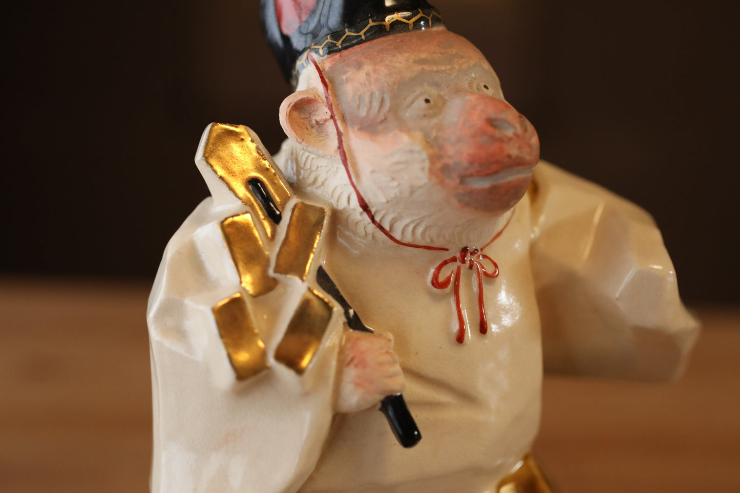 Japanese vintage 1960s pottery Monkey Shrine Dancing doll statue with Kanji signature, animal ornament hand craft For GIFT H6.1in/H15.5cm