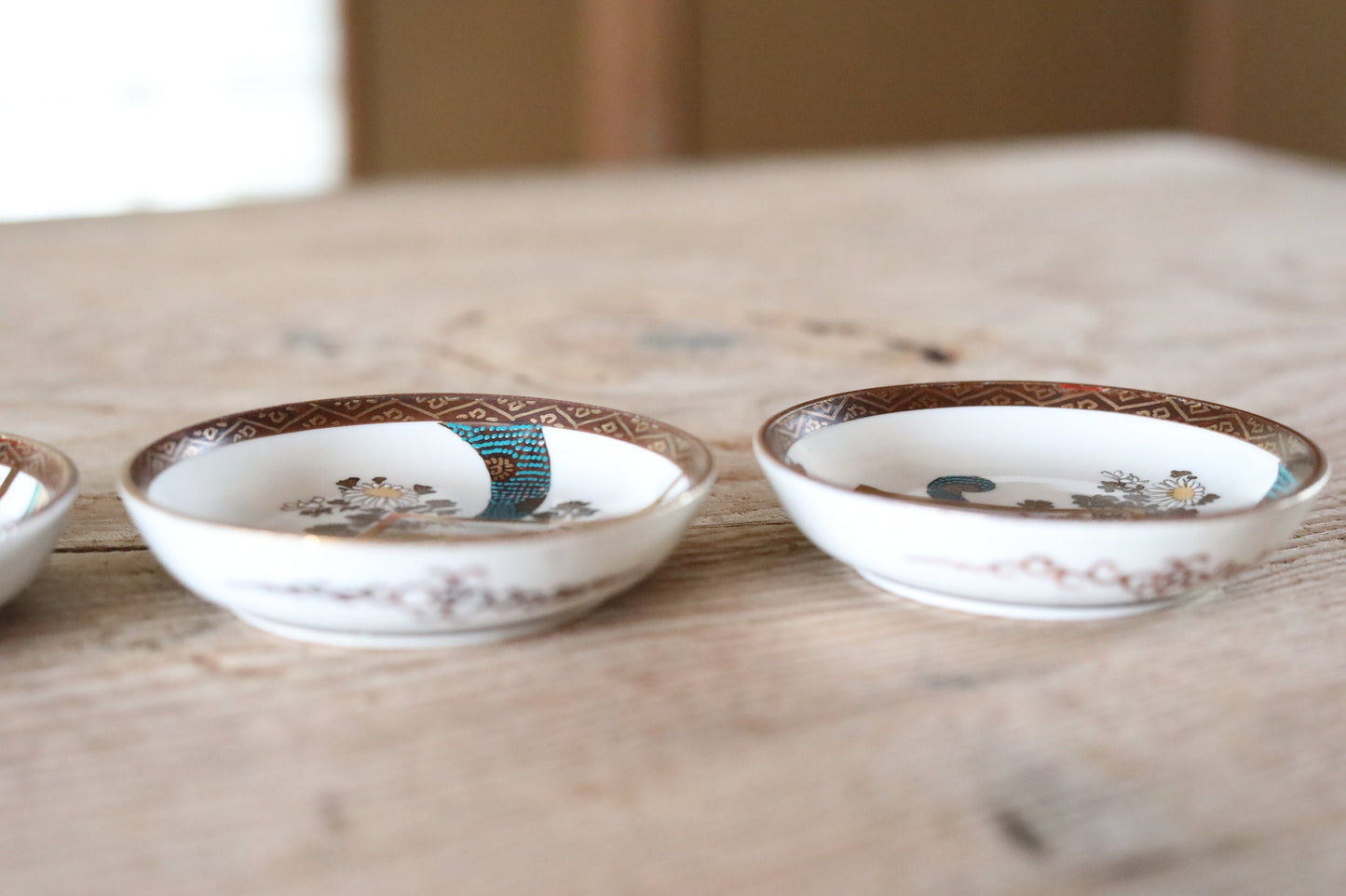 Japanese antique plates set of Five old Kutani ware porcelain small dishes, beautiful flowers pattern tableware with wooden box 3.7in/9.5cm