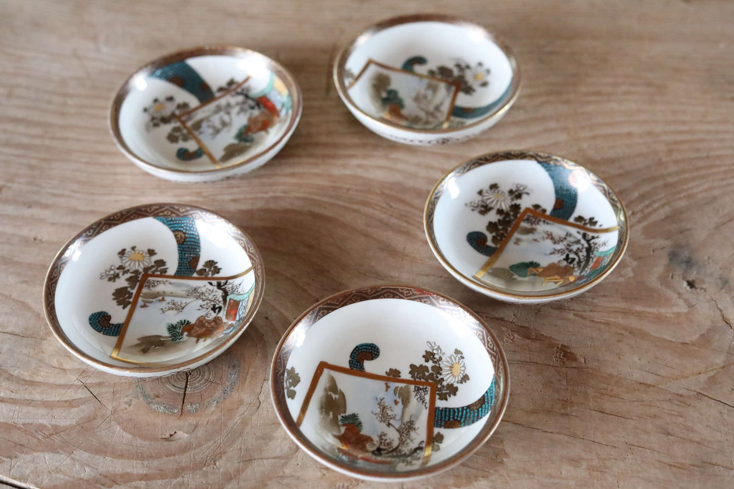 Japanese antique plates set of Five old Kutani ware porcelain small dishes, beautiful flowers pattern tableware with wooden box 3.7in/9.5cm