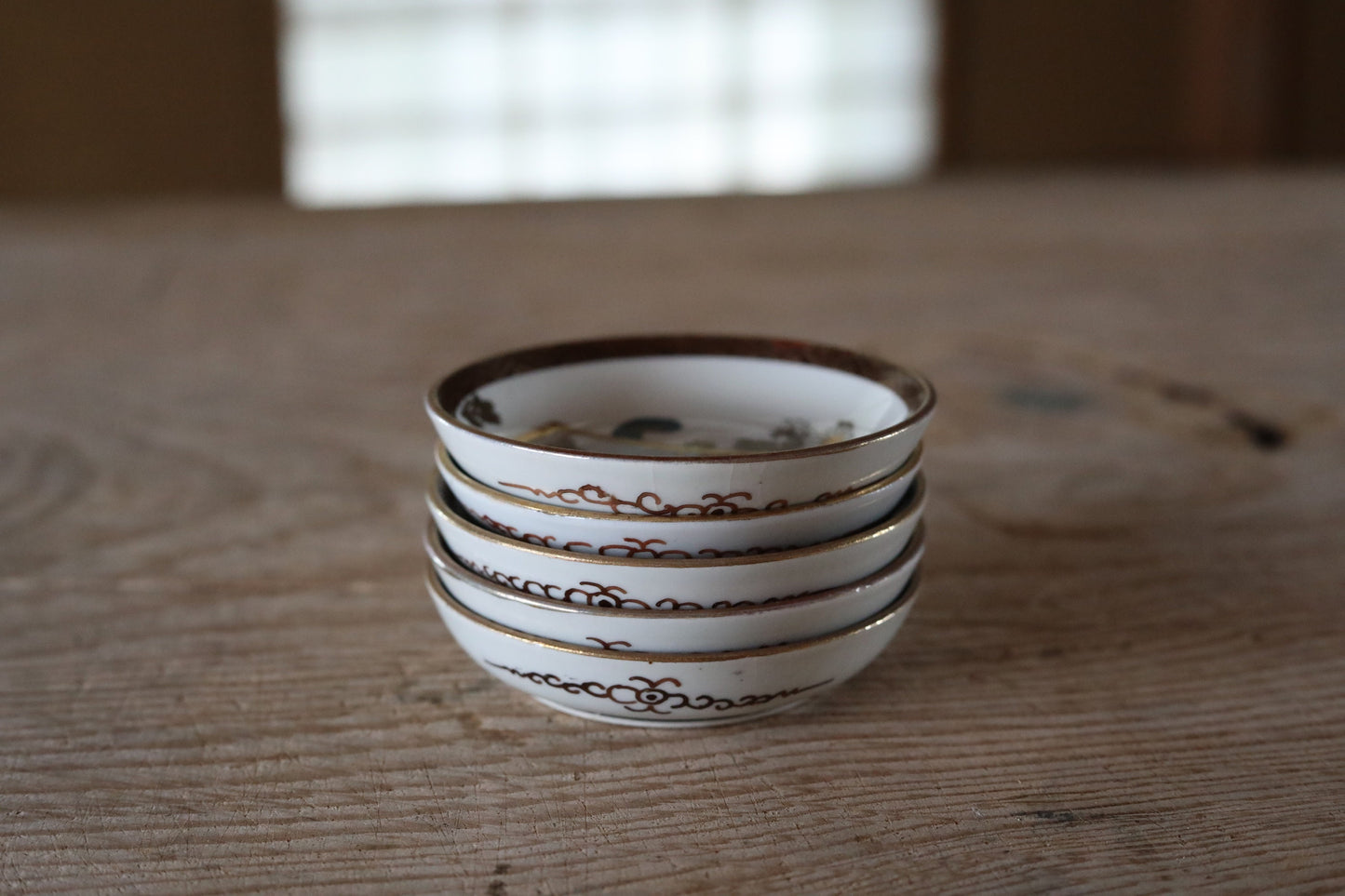 Japanese antique plates set of Five old Kutani ware porcelain small dishes, beautiful flowers pattern tableware with wooden box 3.7in/9.5cm