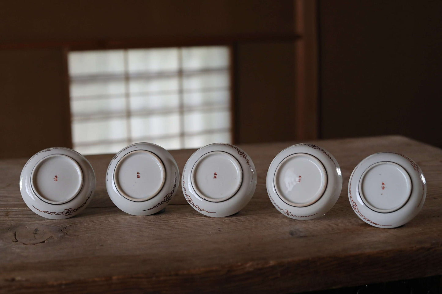Japanese antique plates set of Five old Kutani ware porcelain small dishes, beautiful flowers pattern tableware with wooden box 3.7in/9.5cm