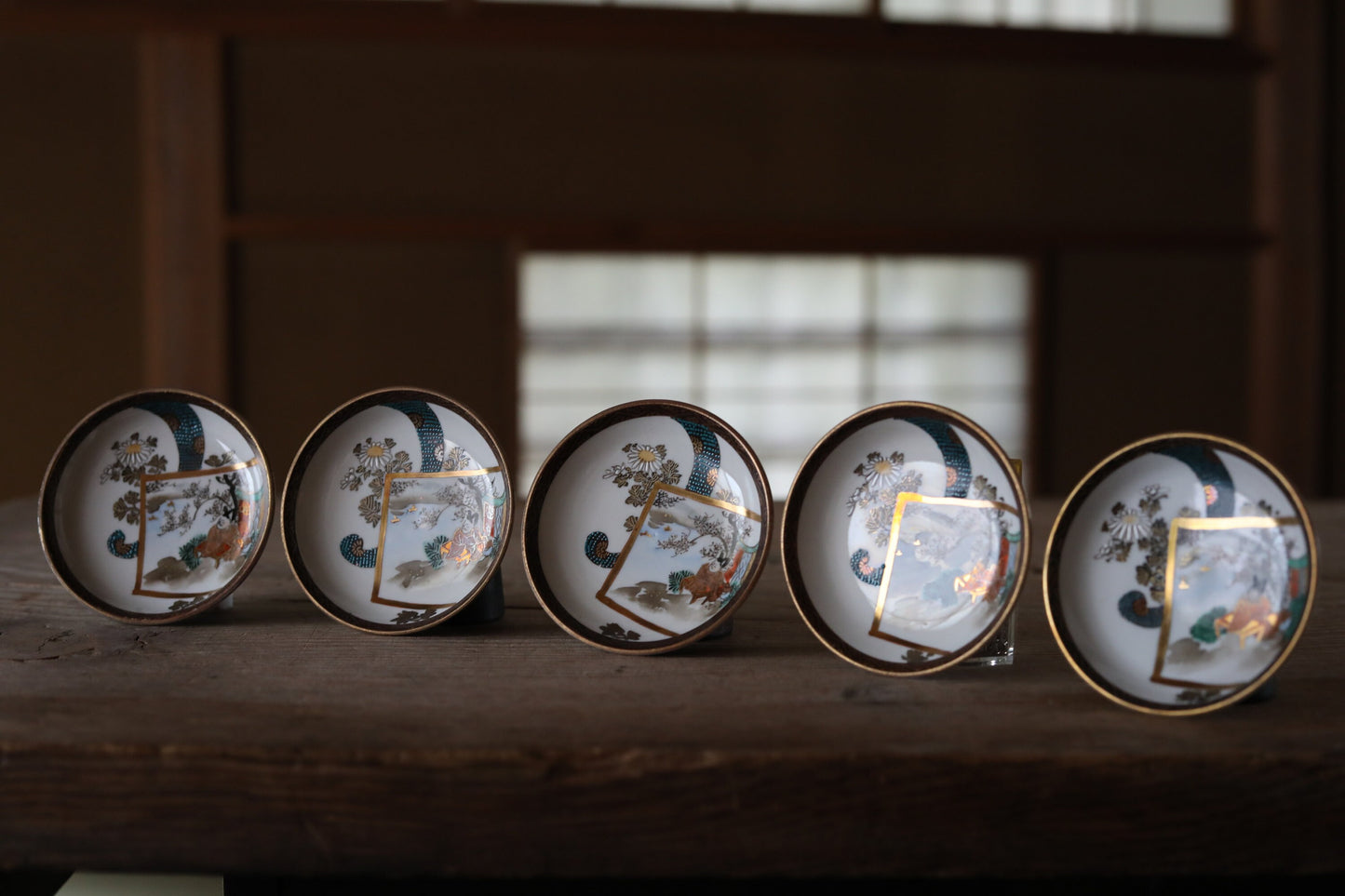 Japanese antique plates set of Five old Kutani ware porcelain small dishes, beautiful flowers pattern tableware with wooden box 3.7in/9.5cm