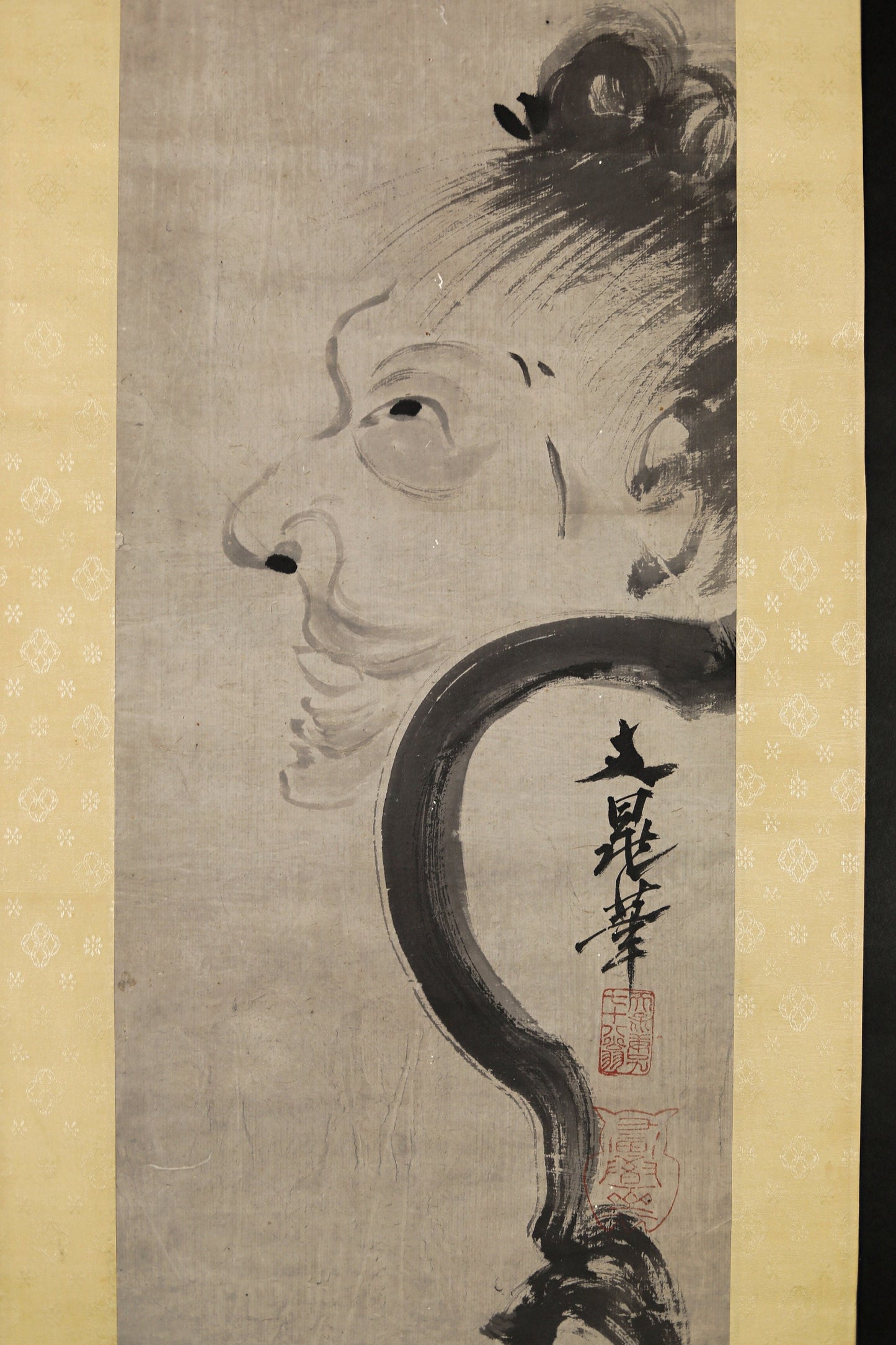 Pair of Japanese antique ink painting scroll Zen Monks 谷文晁, ink and wash hanging scroll Kakejiku with BOX 1900s Kanji sign H74.8in/H190cm