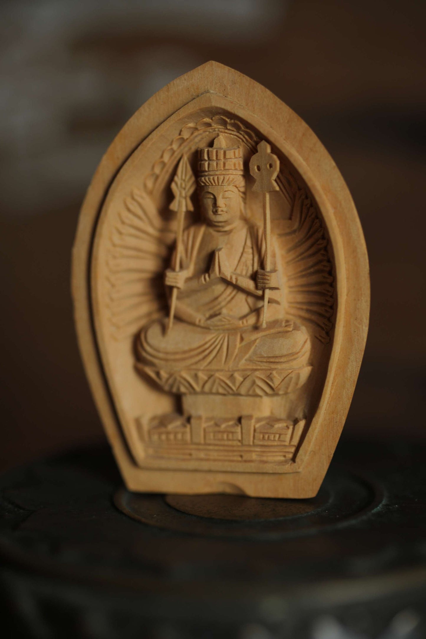 Japanese vintage Buddha Amulet Thousand Armed Avalokiteshwara OMAMORI made of wood hand craft Buddhist temple H2.4in