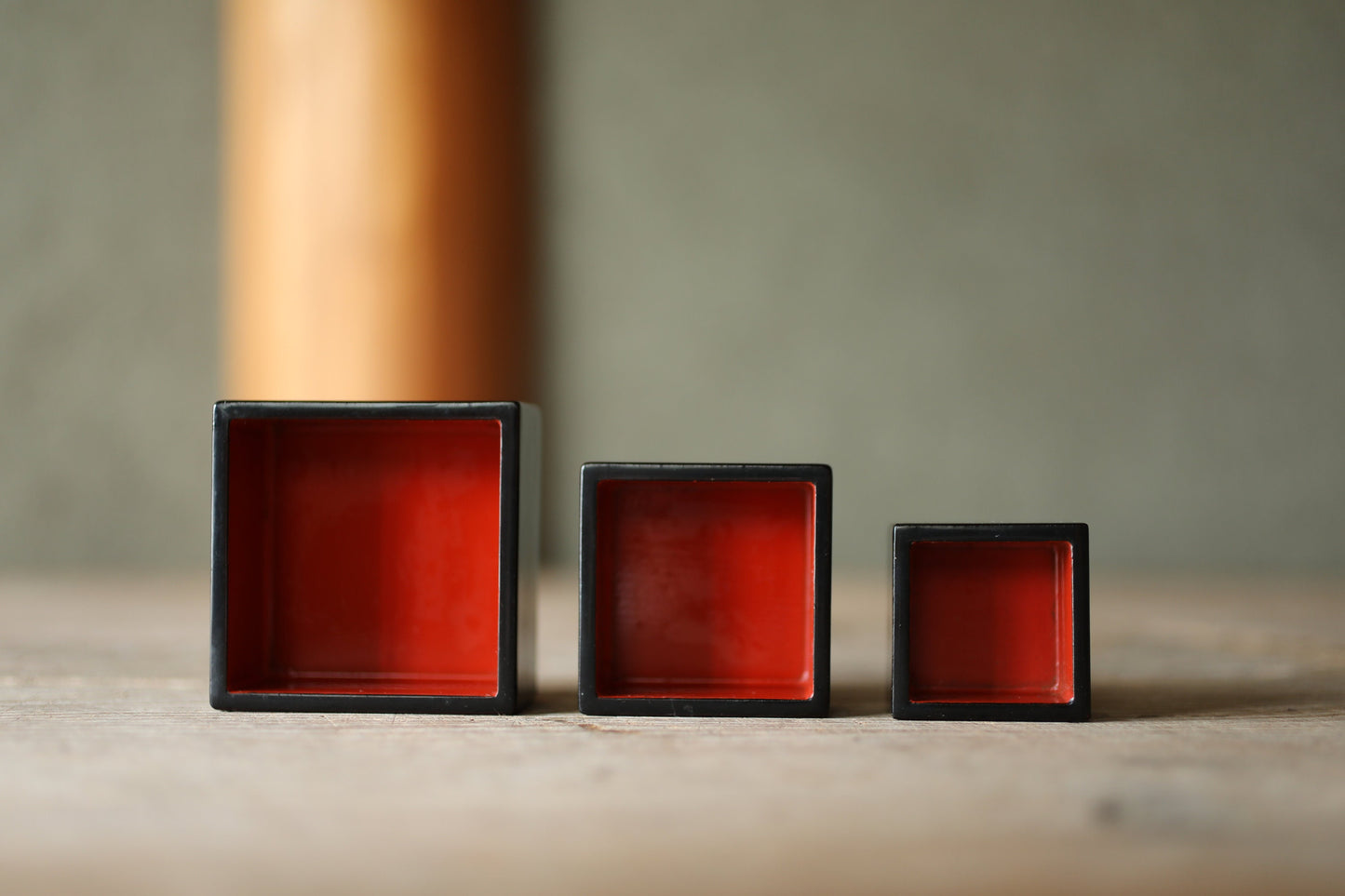 Japanese vintage miniature urushi makie gold sake cups set of 3 wooden cup "升Masu" (rise)  with "kanji" black red H1.3×2.5in/H3.2×6.3cm
