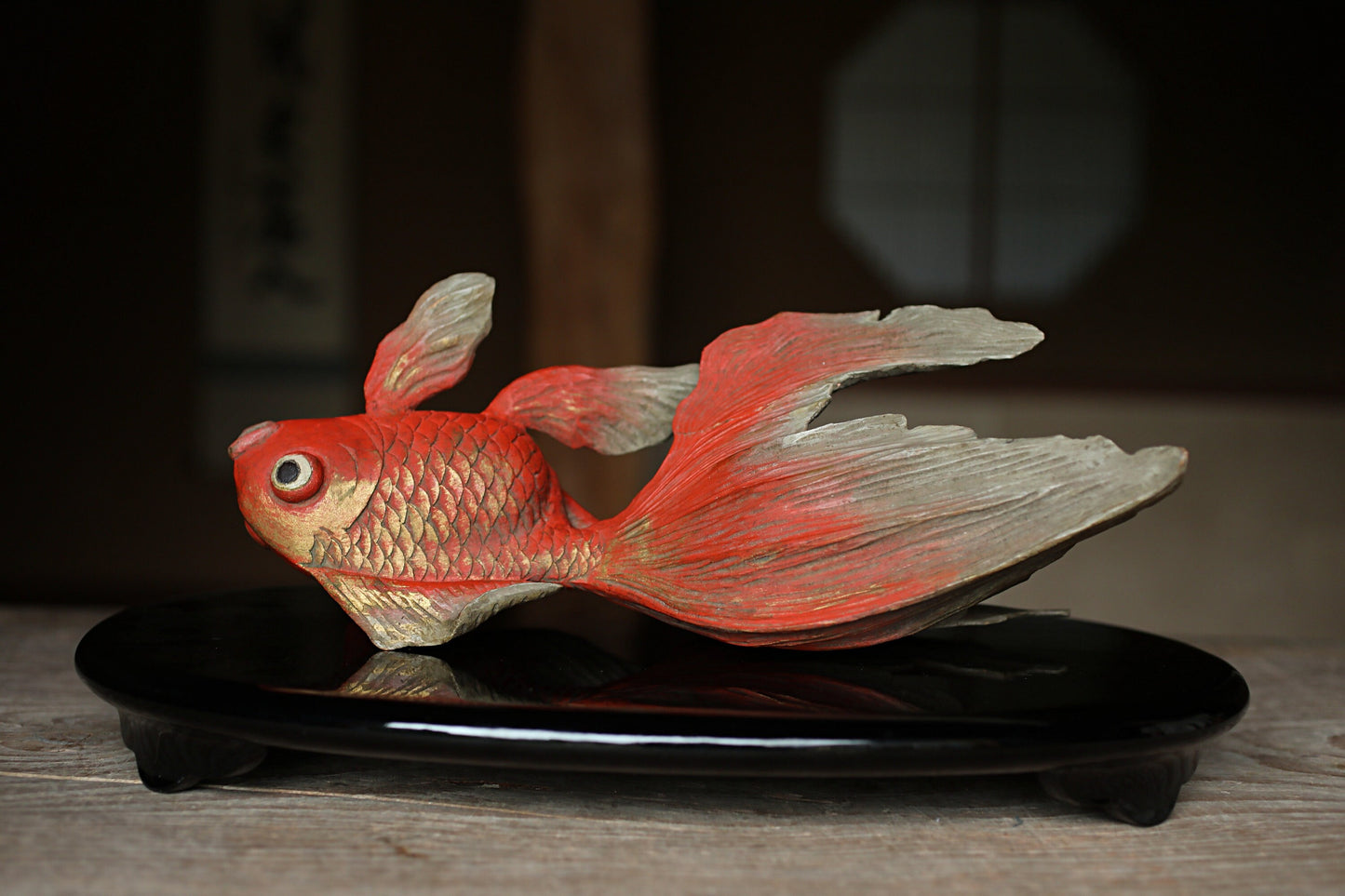 Japanese wooden goldfish sculpture, hand carving sculpture ,hand carved craft fish doll 1980s H5.5×13.8in/H14×35cm