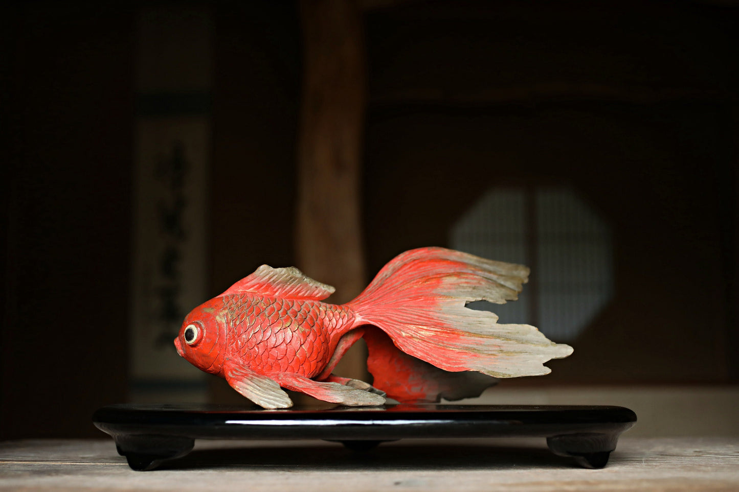 Japanese wooden goldfish sculpture, hand carving sculpture ,hand carved craft fish doll 1980s H5.5×13.8in/H14×35cm
