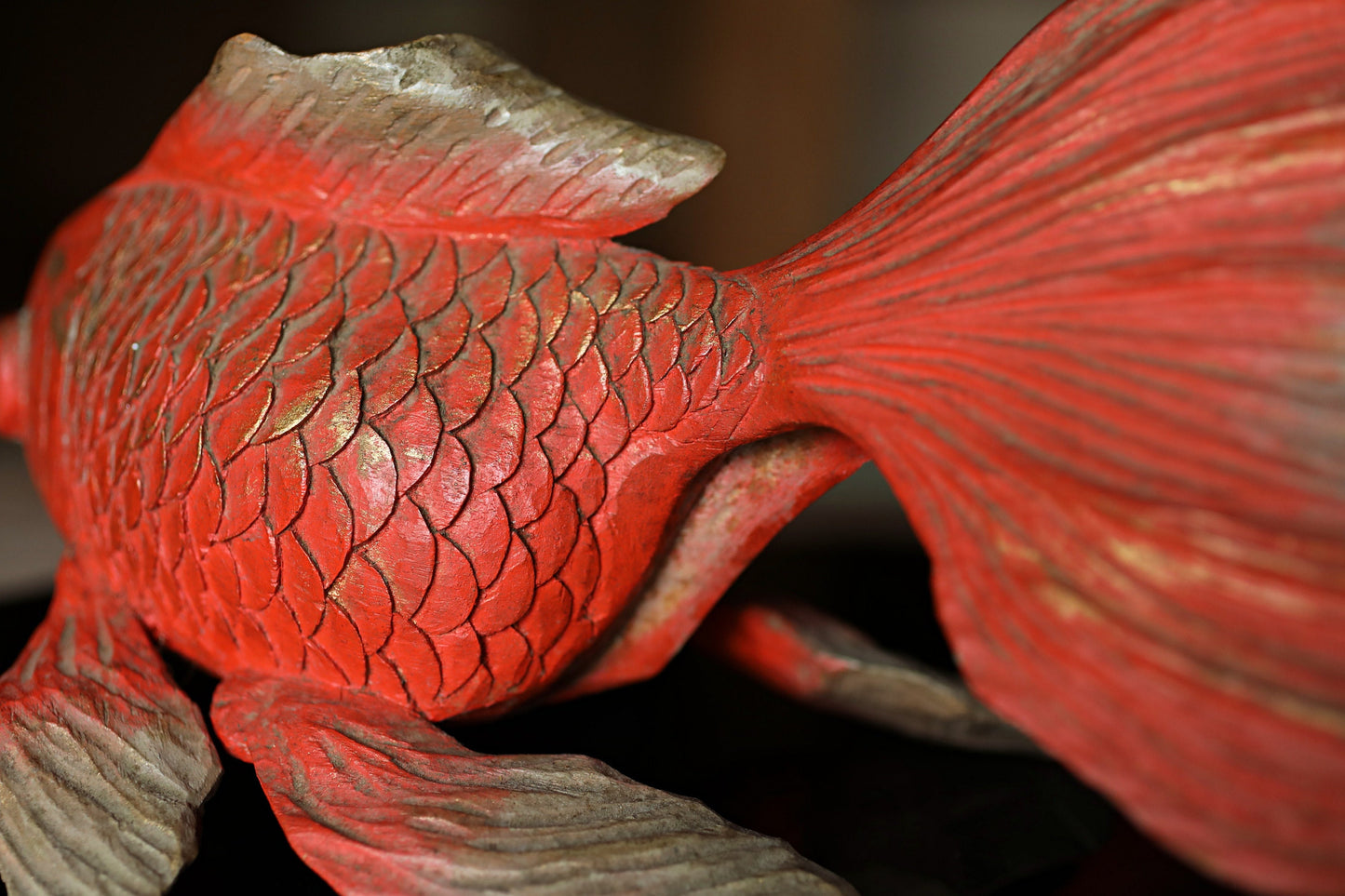 Japanese wooden goldfish sculpture, hand carving sculpture ,hand carved craft fish doll 1980s H5.5×13.8in/H14×35cm
