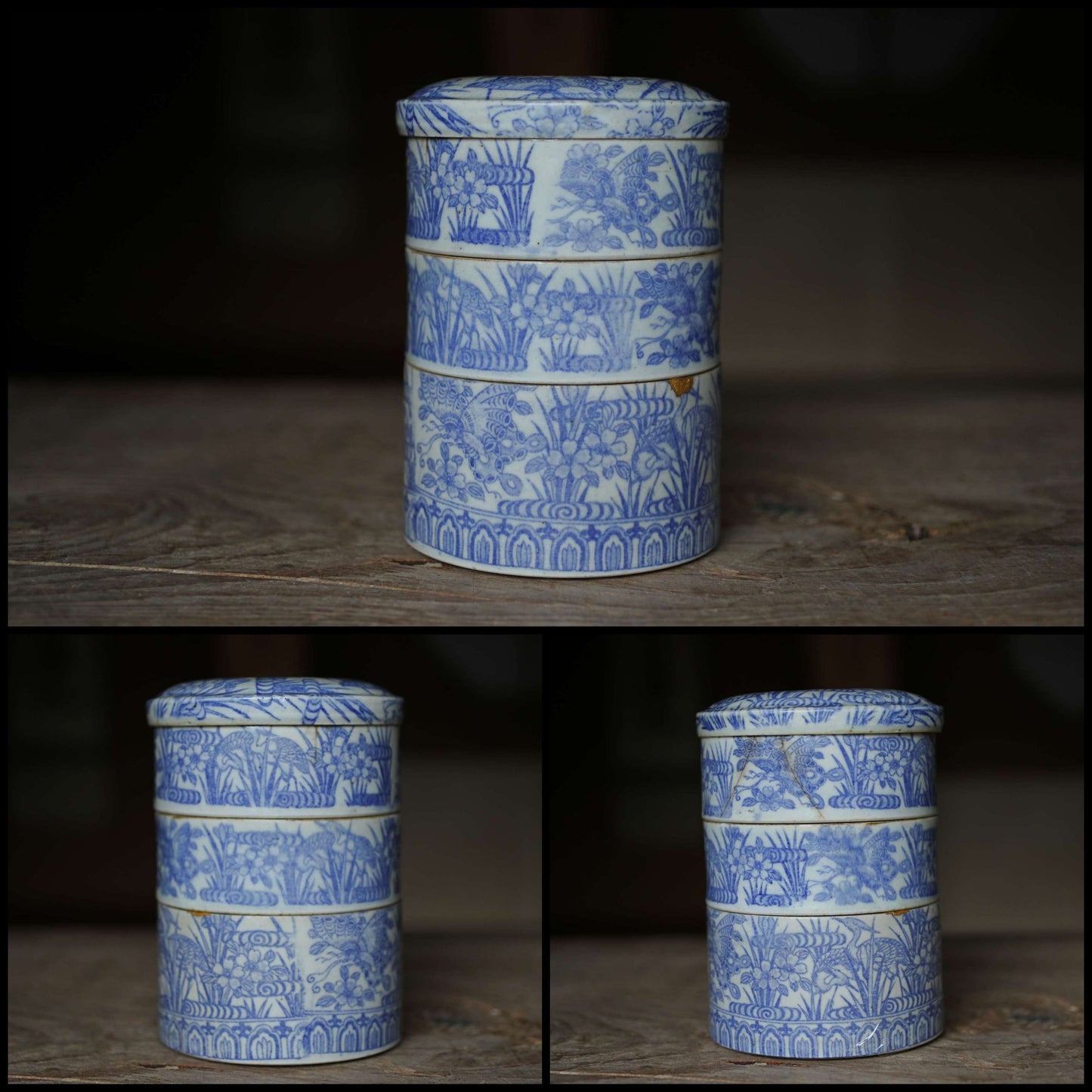Japanese Antique 1900s Imari Porcelain Kintsugi Jūbako Blue flower birds pattern decoration Stacking ceramic Bento Box H7.1×5.1in/H18×13cm