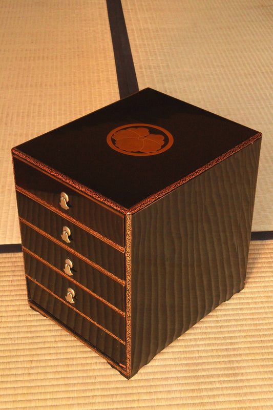 RARE! Japan antique furniture from Buddhism temple, Small Chest of drawers  black lacquer Tansu, gold Makie Samurai crest H13.4×W10.2×12.6in