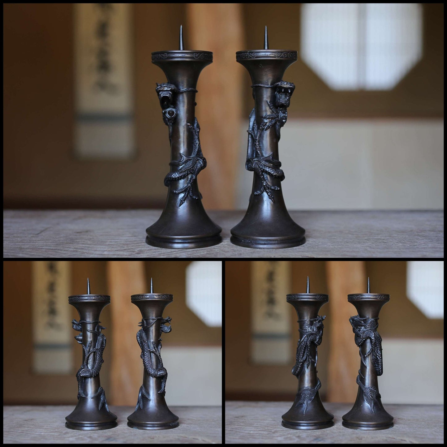 FINE! Pair of Japanese antique Dragon Bronze candlestick candle stand with Dragon Surrounding Design Buddhist alter 1900s H7.71in/H19.5cm