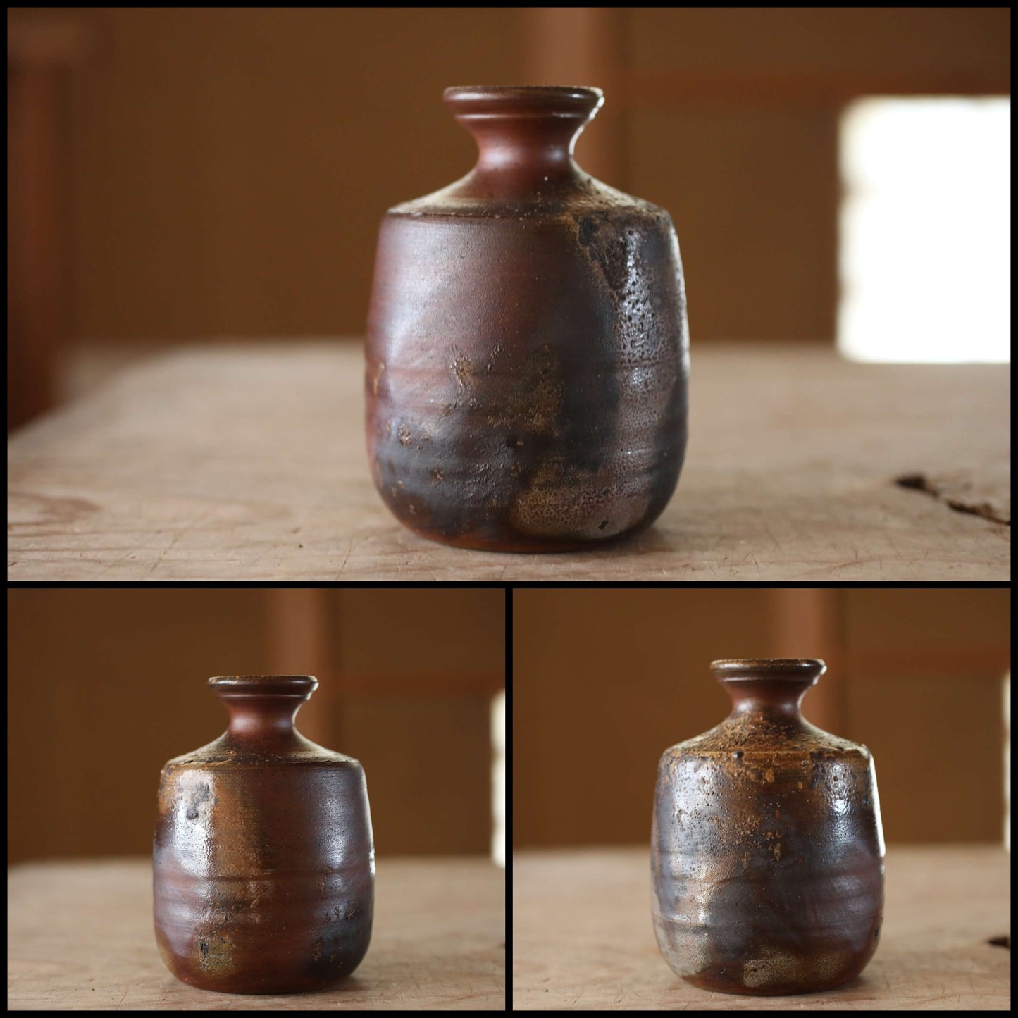 Japanese vintage BIZEN Tokkuri Sake bottle or flower vase ,Beautiful soil color with Kanji sign with box For GIFT H4.7×3.3in/H12×8.5cm