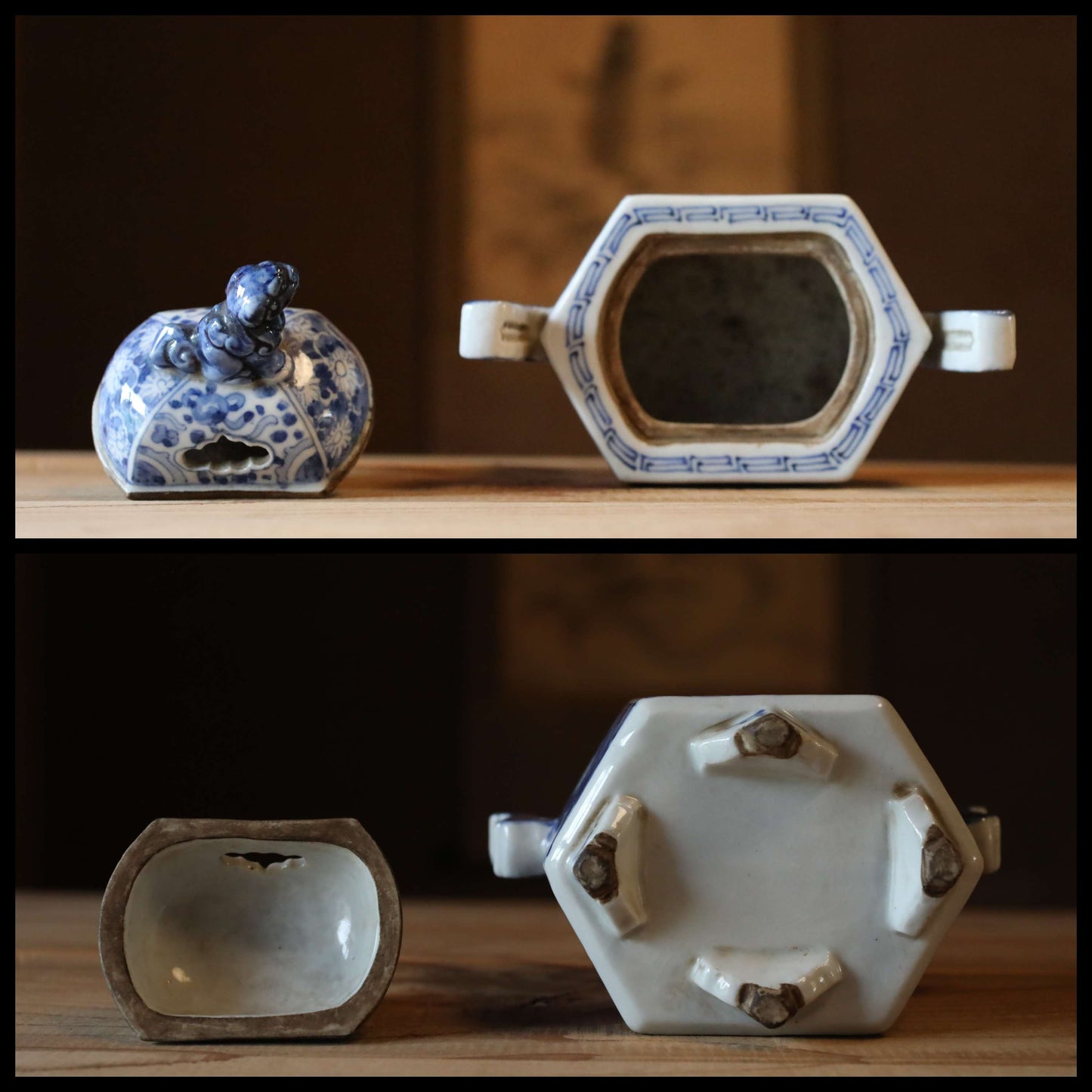 Japanese antique 1900s Koimari indigo SHISHI Lion porcelain hexagonal incense burner with painting of dragon and phoenix H5.1×W5.1in/13×13cm