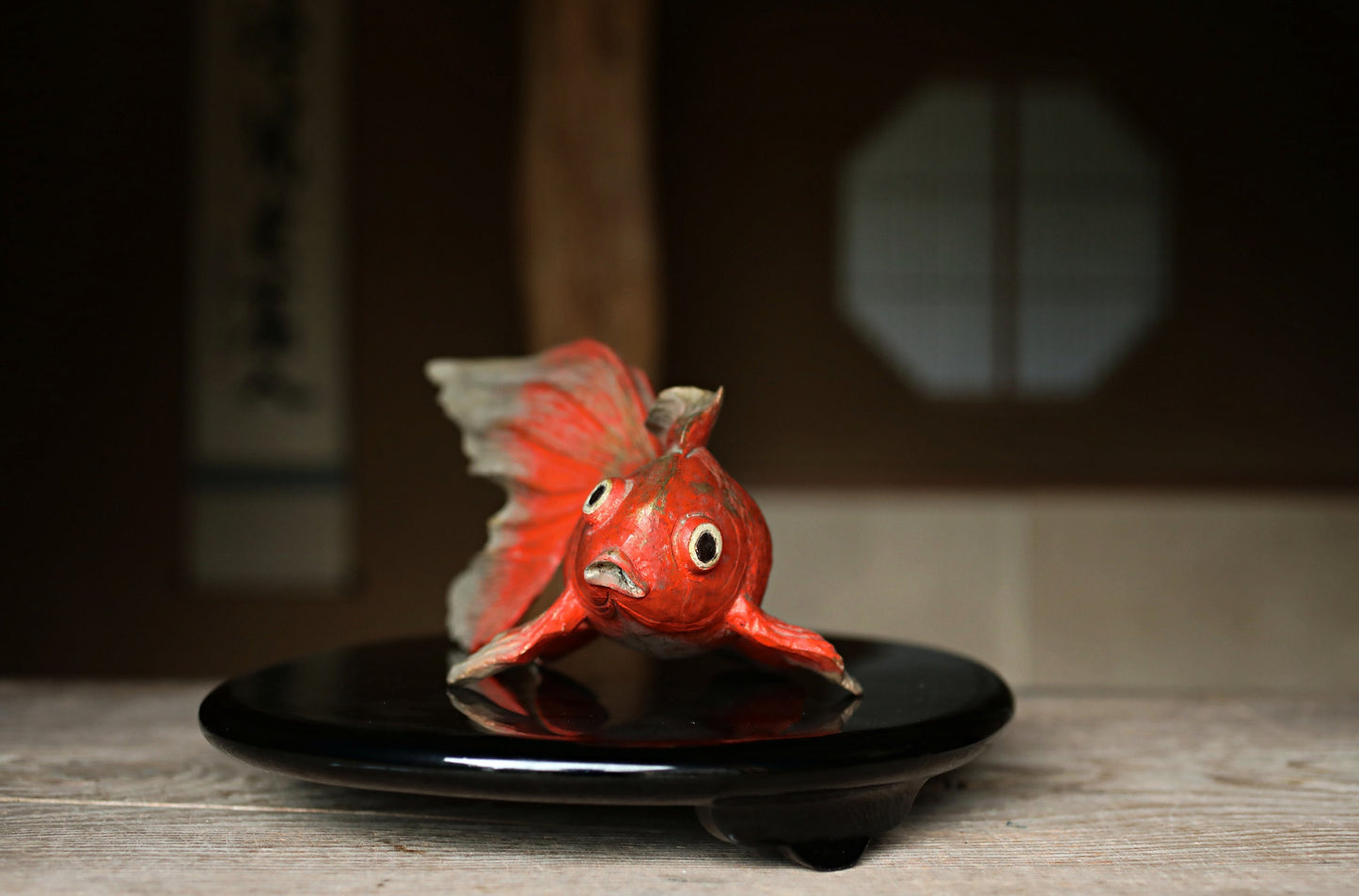 Japanese wooden goldfish sculpture, hand carving sculpture ,hand carved craft fish doll 1980s H5.5×13.8in/H14×35cm