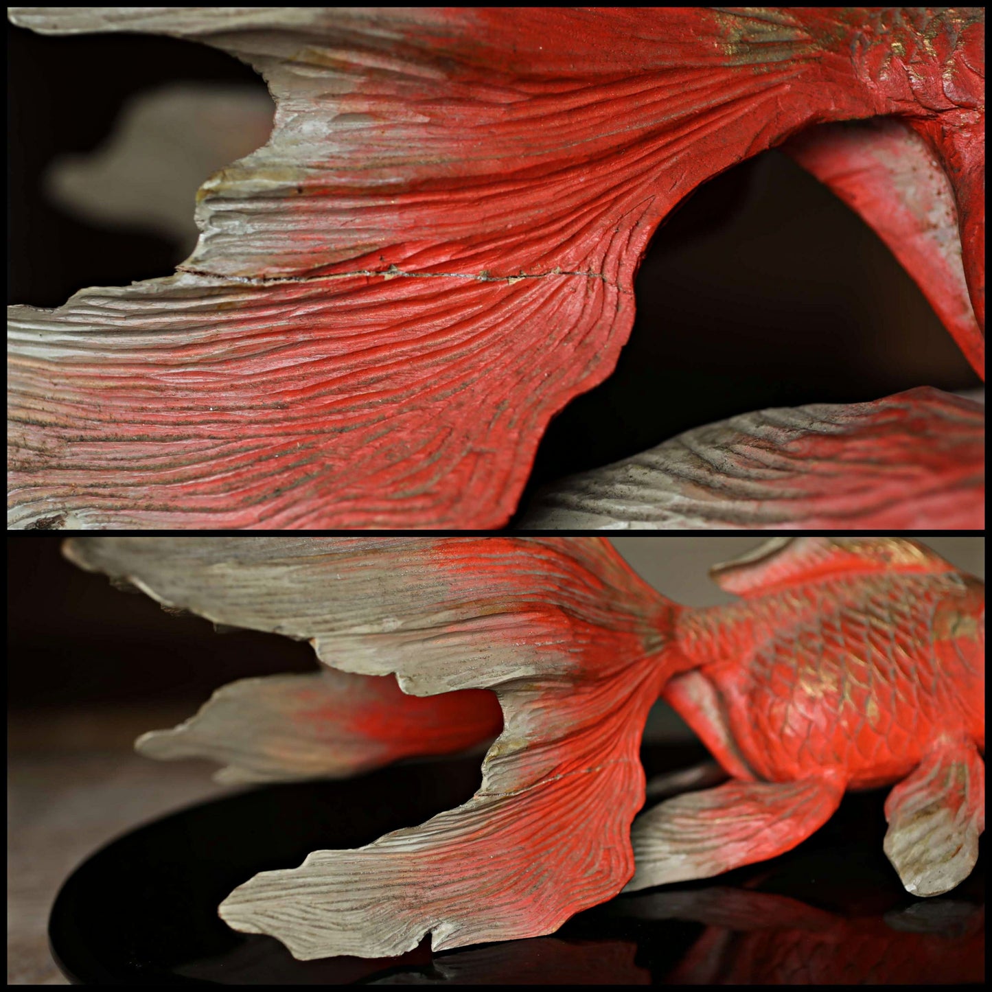 Japanese wooden goldfish sculpture, hand carving sculpture ,hand carved craft fish doll 1980s H5.5×13.8in/H14×35cm