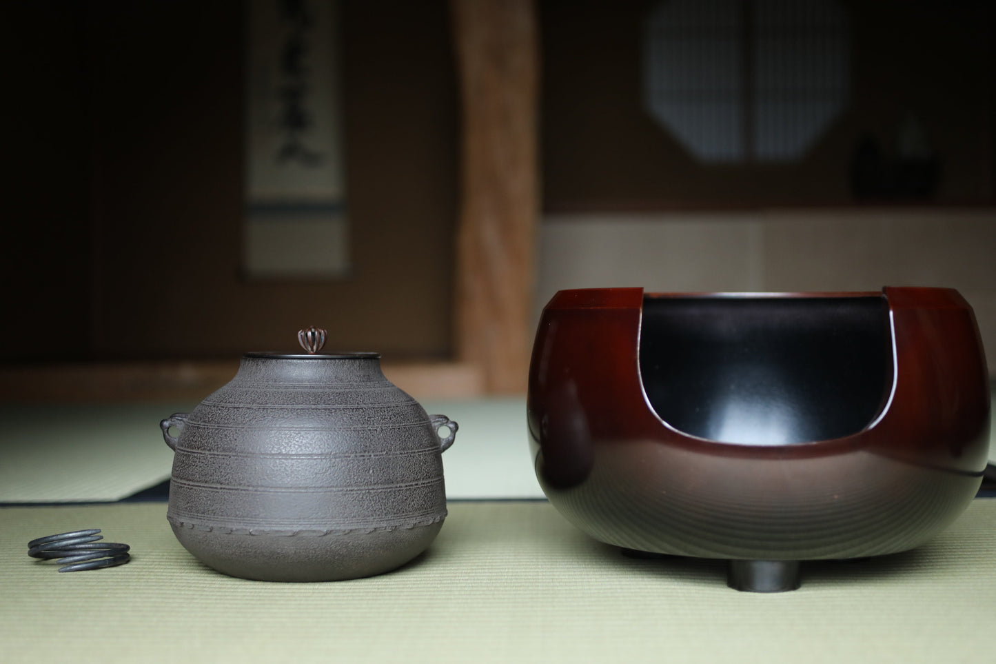 CHAGAMA and FURO Japanese antique bronze brazier and cast iron kettle, For Tea ceremony, Doan furo and Amida gama in 1970s