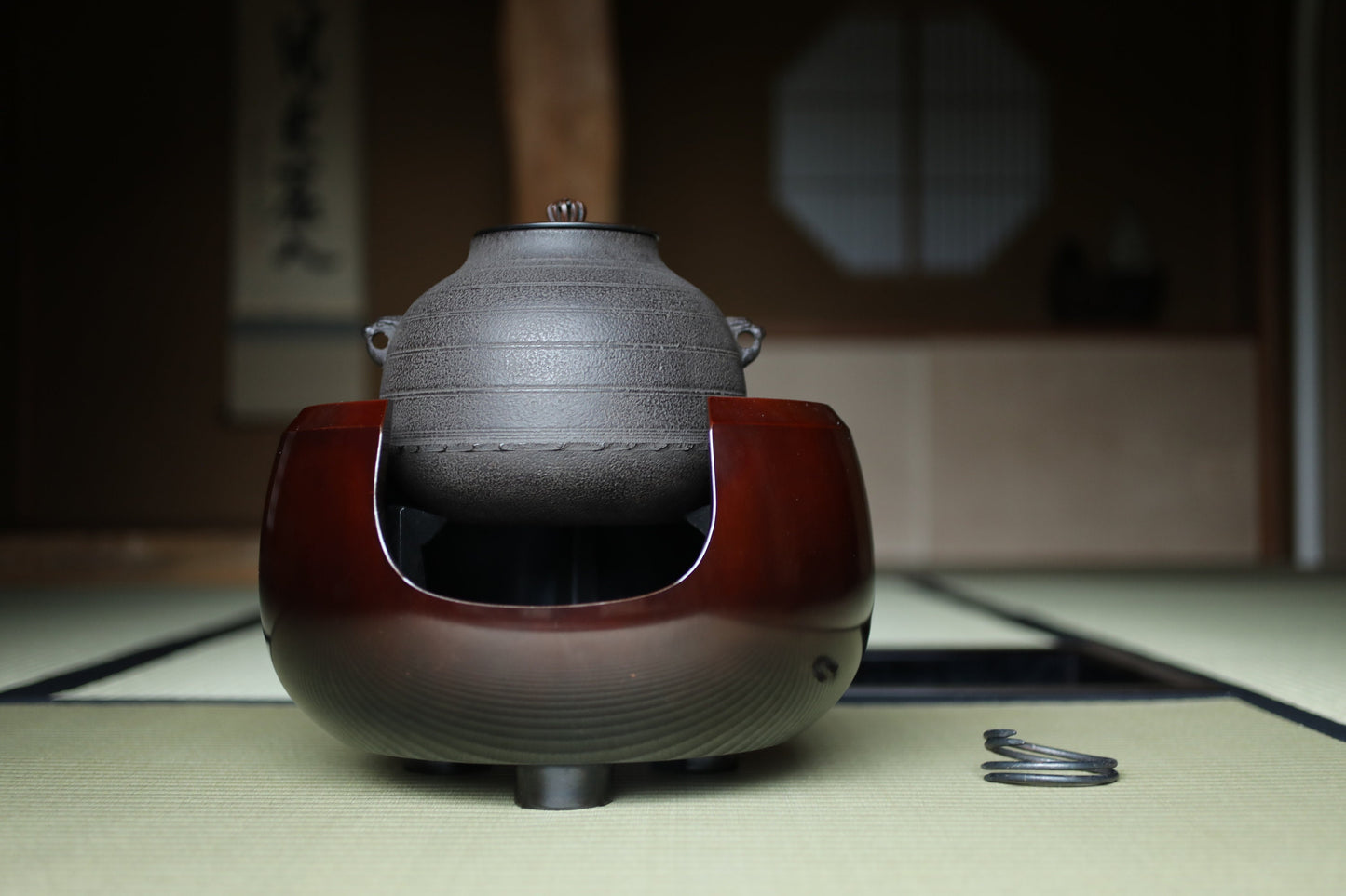CHAGAMA and FURO Japanese antique bronze brazier and cast iron kettle, For Tea ceremony, Doan furo and Amida gama in 1970s