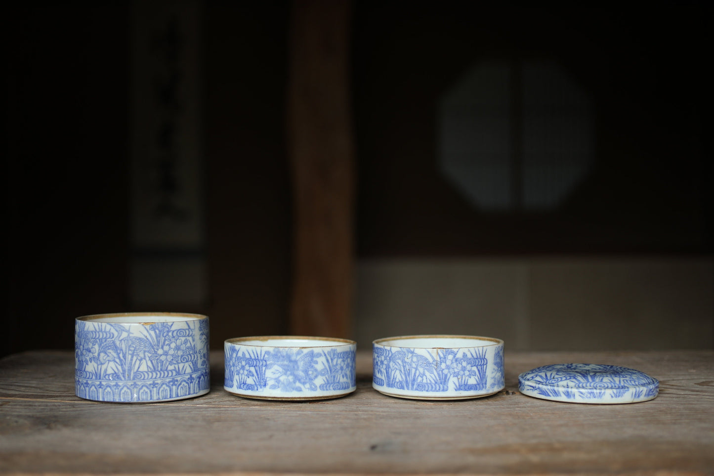 Japanese Antique 1900s Imari Porcelain Kintsugi Jūbako Blue flower birds pattern decoration Stacking ceramic Bento Box H7.1×5.1in/H18×13cm
