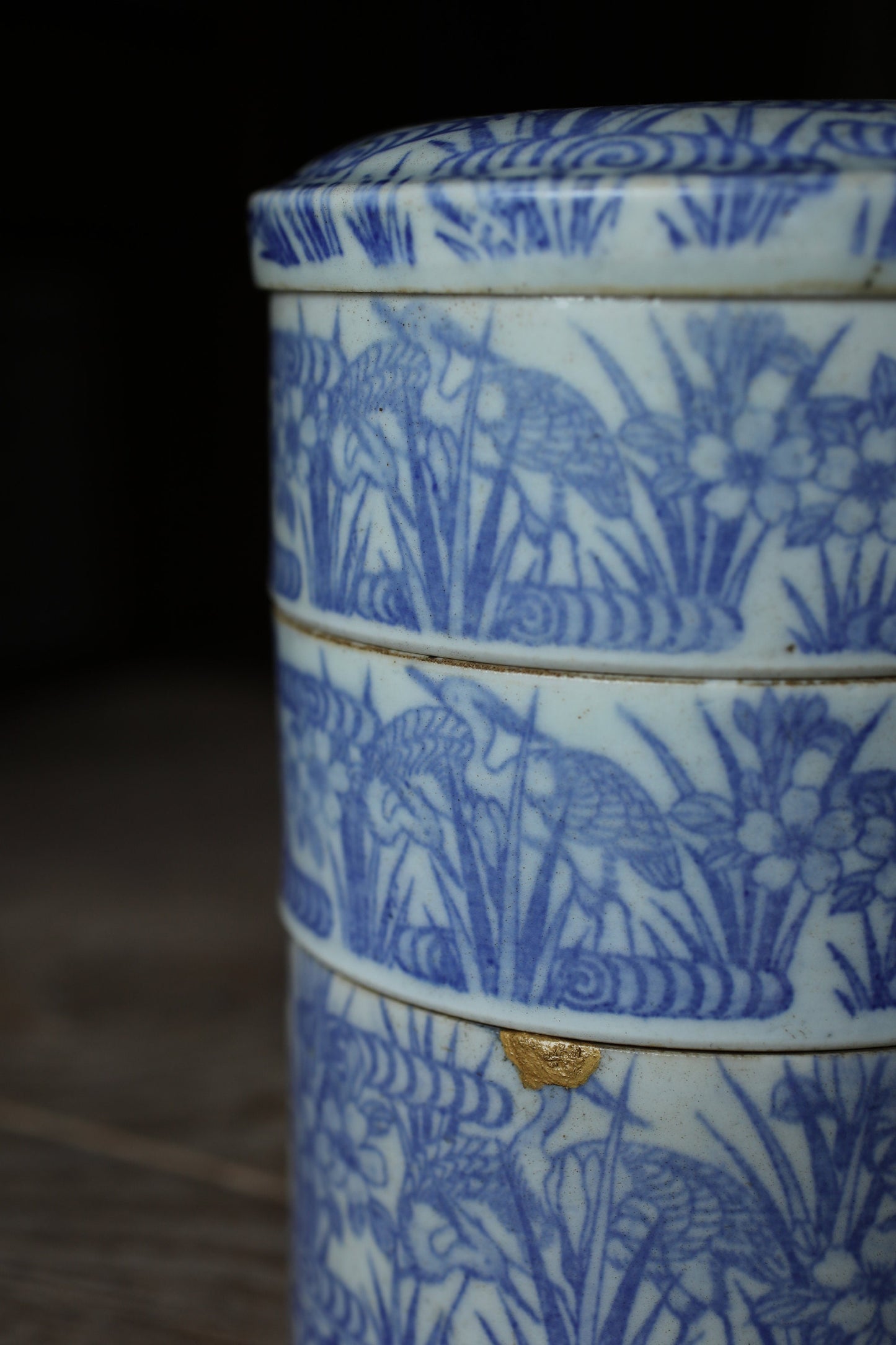 Japanese Antique 1900s Imari Porcelain Kintsugi Jūbako Blue flower birds pattern decoration Stacking ceramic Bento Box H7.1×5.1in/H18×13cm