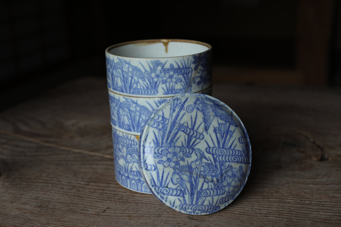 Japanese Antique 1900s Imari Porcelain Kintsugi Jūbako Blue flower birds pattern decoration Stacking ceramic Bento Box H7.1×5.1in/H18×13cm