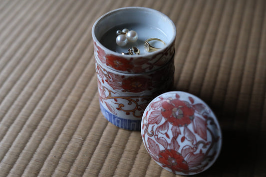 Japanese Antique Box Jūbako Imari Porcelain with flower hand painting Stacking ceramic jewelry Box Japanese furniture 1880s H4.3in/11cm